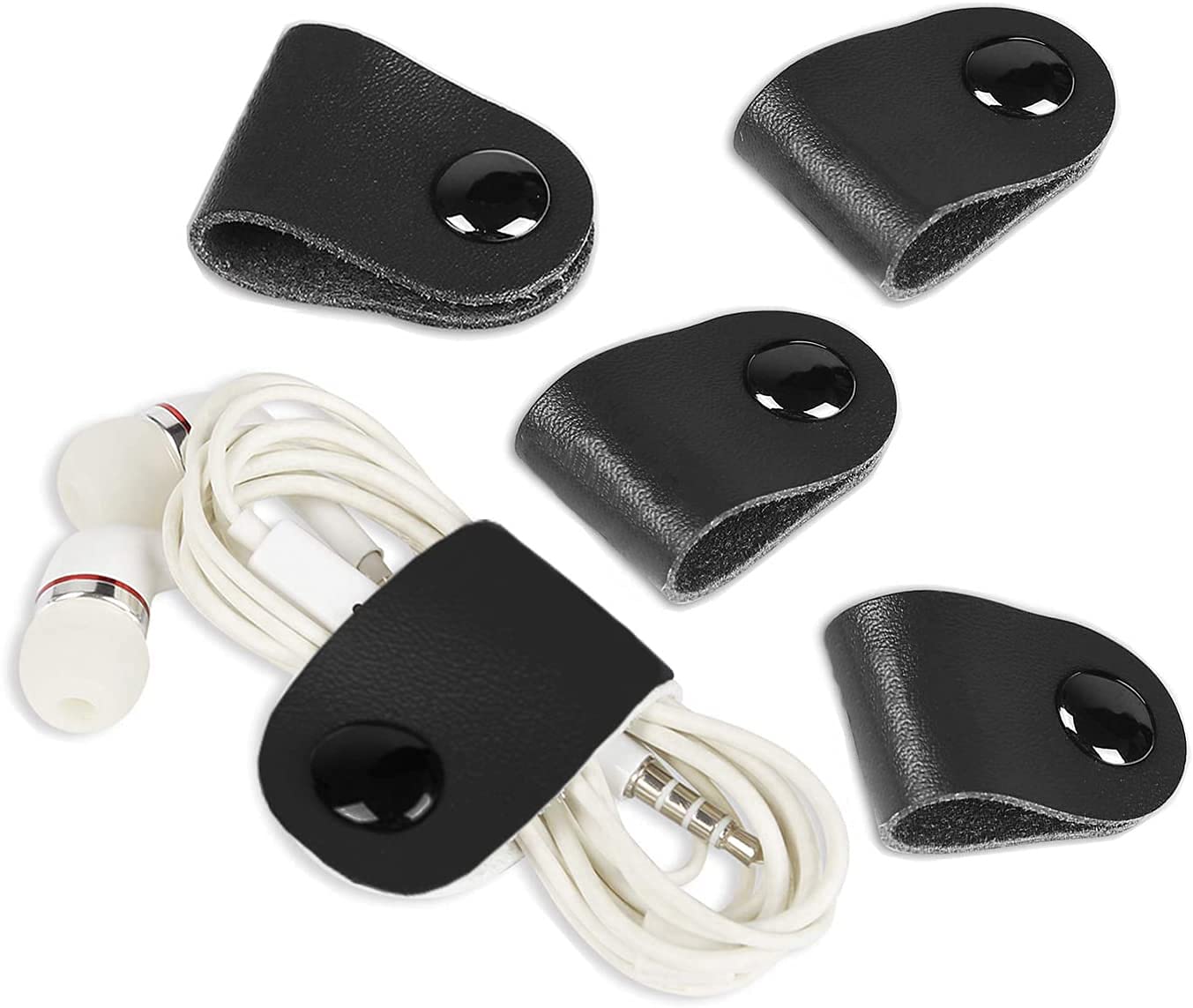 Seabaras Genuine Leather Cord Organizer Set of 5 - USB Cable Holder, Earphone Wrap, Headphone Winder, Cable Management Straps for Phone, Earbuds, Chargers - Perfect for Travel, Office & Home Organization (Black)