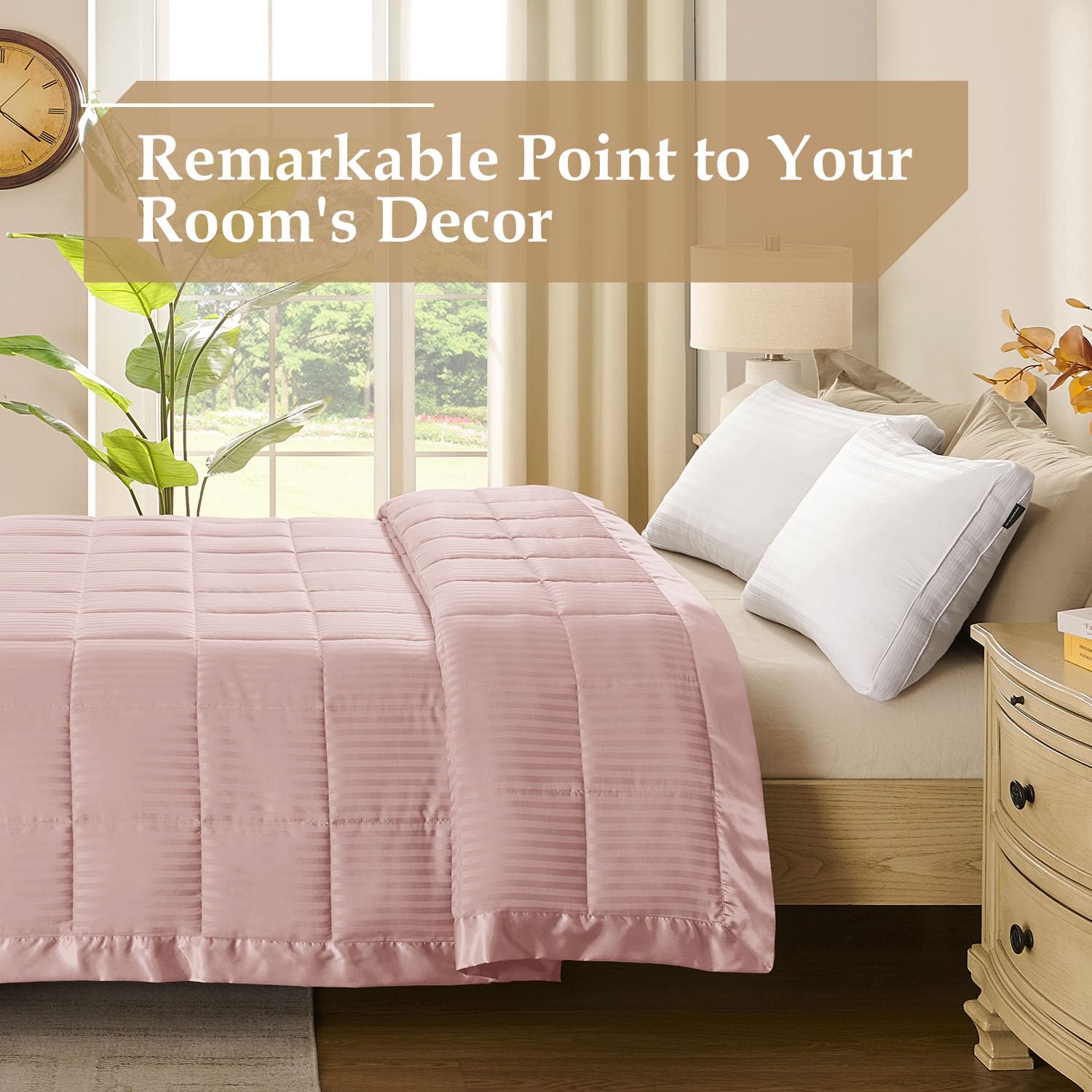 Premium Downluxe King Size Blanket with Satin Trim - Lightweight Down Alternative Comforter for All Seasons | Machine Washable | Soft Baby Pink (90x108 Inches) - Perfect for Bedroom, Guest Room, and Cozy Sofa Lounging