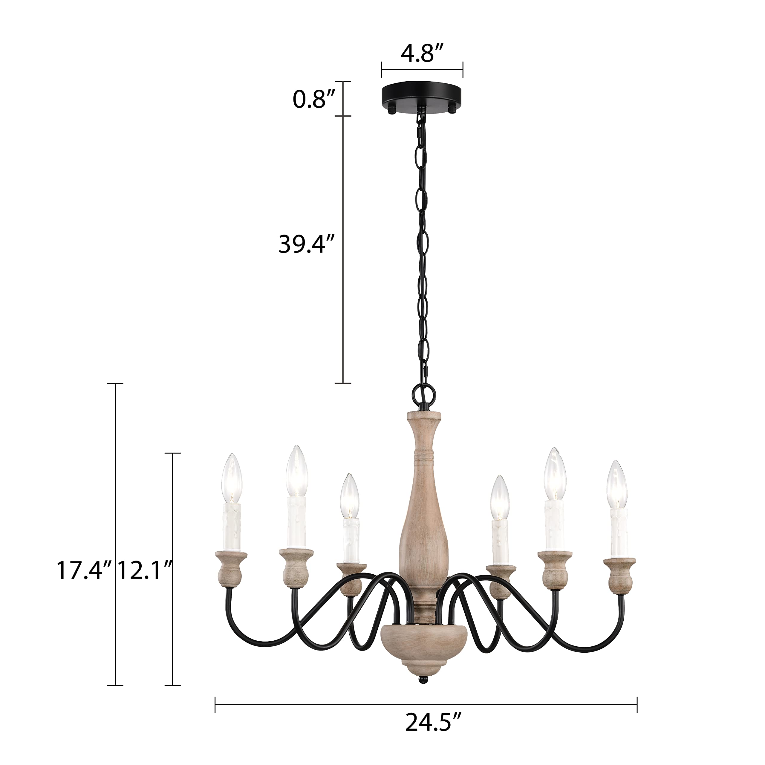 6-Light Black Metal Farmhouse Chandelier - 23.6