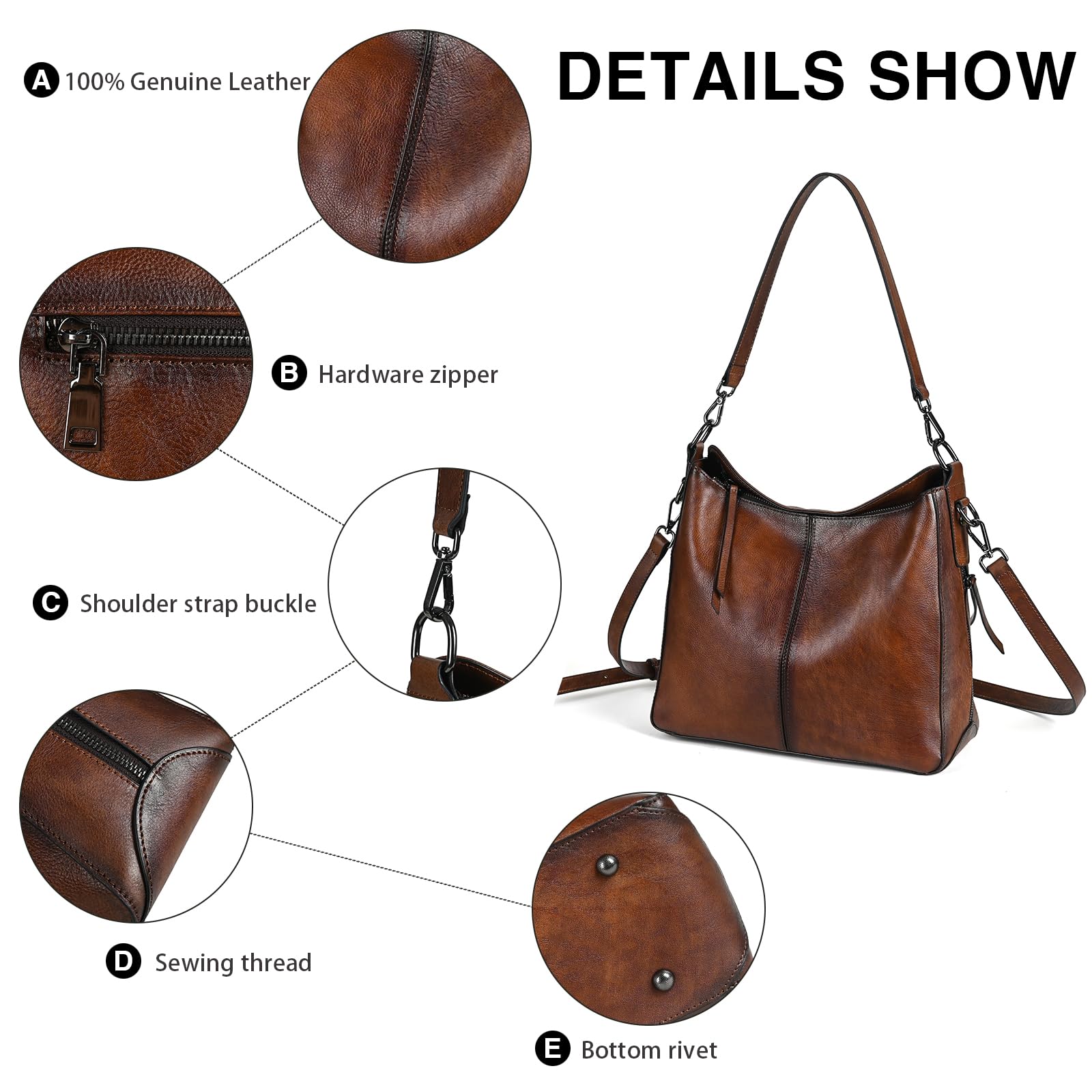 Vintage Women's Leather Shoulder Bag - Large Hobo Crossbody Purse for Work, Travel & Everyday Use