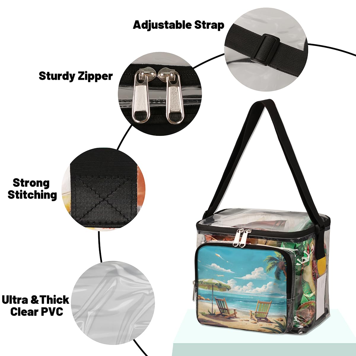 GzLeyigou Clear Transparent Beach Tote Bag with Handles - Palm Tree Design Crossbody Shoulder Bag for Lunch, Outdoor, Travel, Picnic, Concerts & Sports Events | Stadium Approved Waterproof Carry-All for Summer, Pool Party, Music Festival & Vacation Essentials