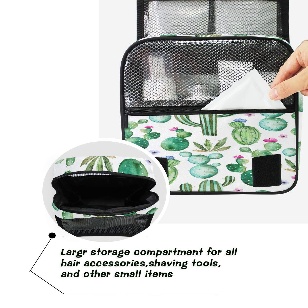 AUUXVA Waterproof Hanging Toiletry Bag - Tropical Cactus Design Travel Cosmetic Organizer for Women & Men | Portable Makeup Case with Hook for Bathroom, Camping & Vacation Essentials