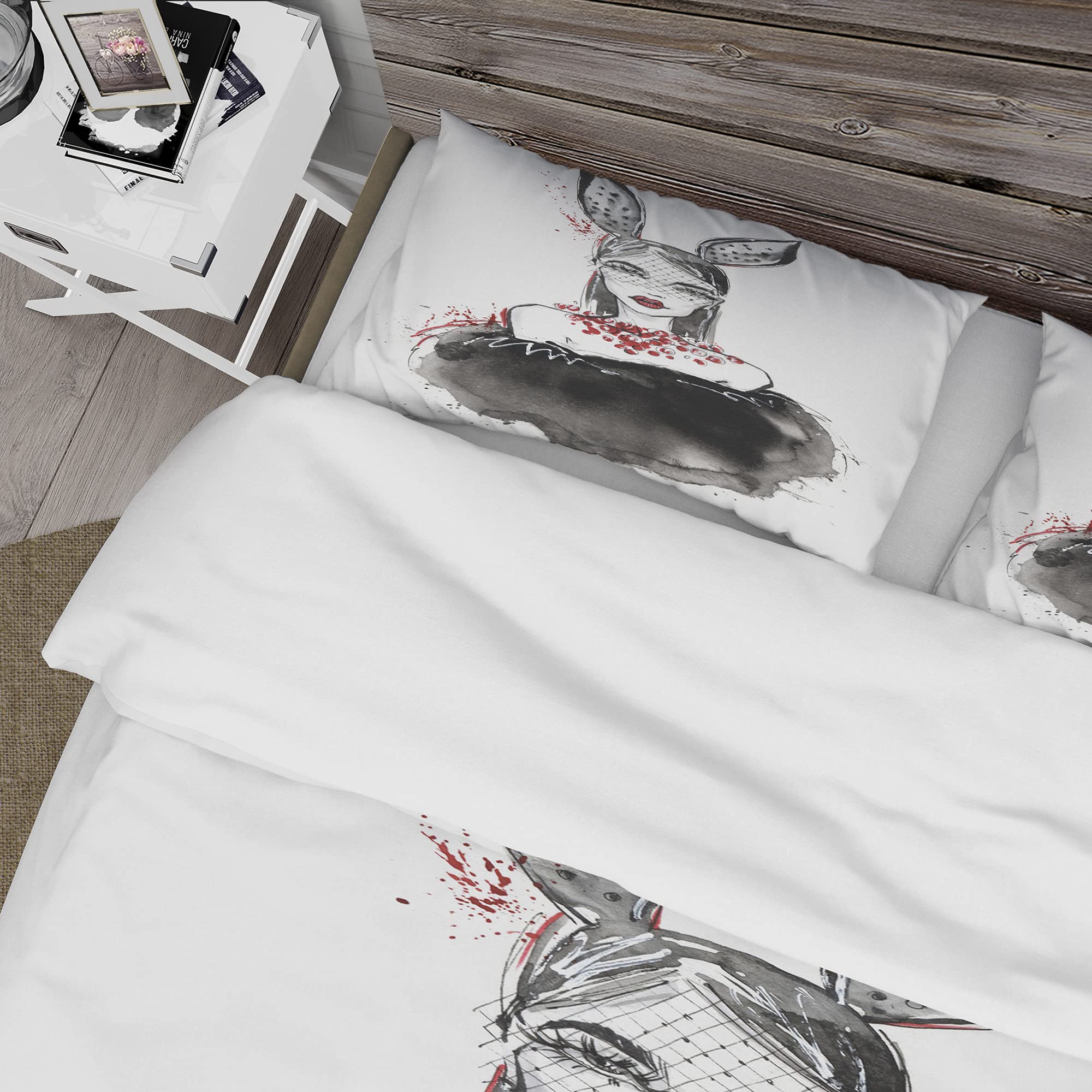 DesignQ Bunny Costume Duvet Cover Set - King Size 3-Piece White Modern Contemporary Bedding - Perfect for Romantic Bedrooms & All-Season Comfort