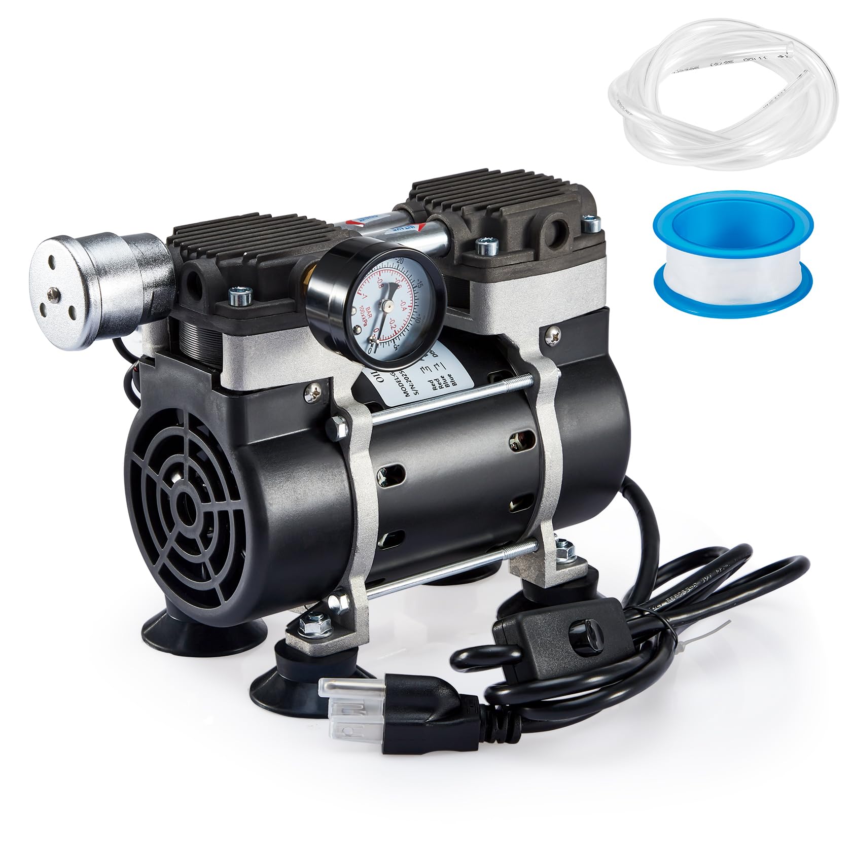 50L/Min Oilless Vacuum Pump with Switch, Vacuum Meter & Silencer - 6m PTFE Tape Included | Ideal for Lab Equipment, Electronics, Aquarium Maintenance & HVAC Applications