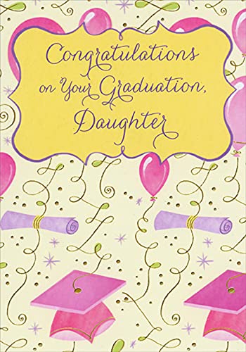 Designer Greetings Pink and Purple Graduation Card for Daughter - Diploma, Cap, Balloon & Gold Streamer Design - Perfect for Graduation Parties, School Celebrations & Daughter's Achievement Gifts