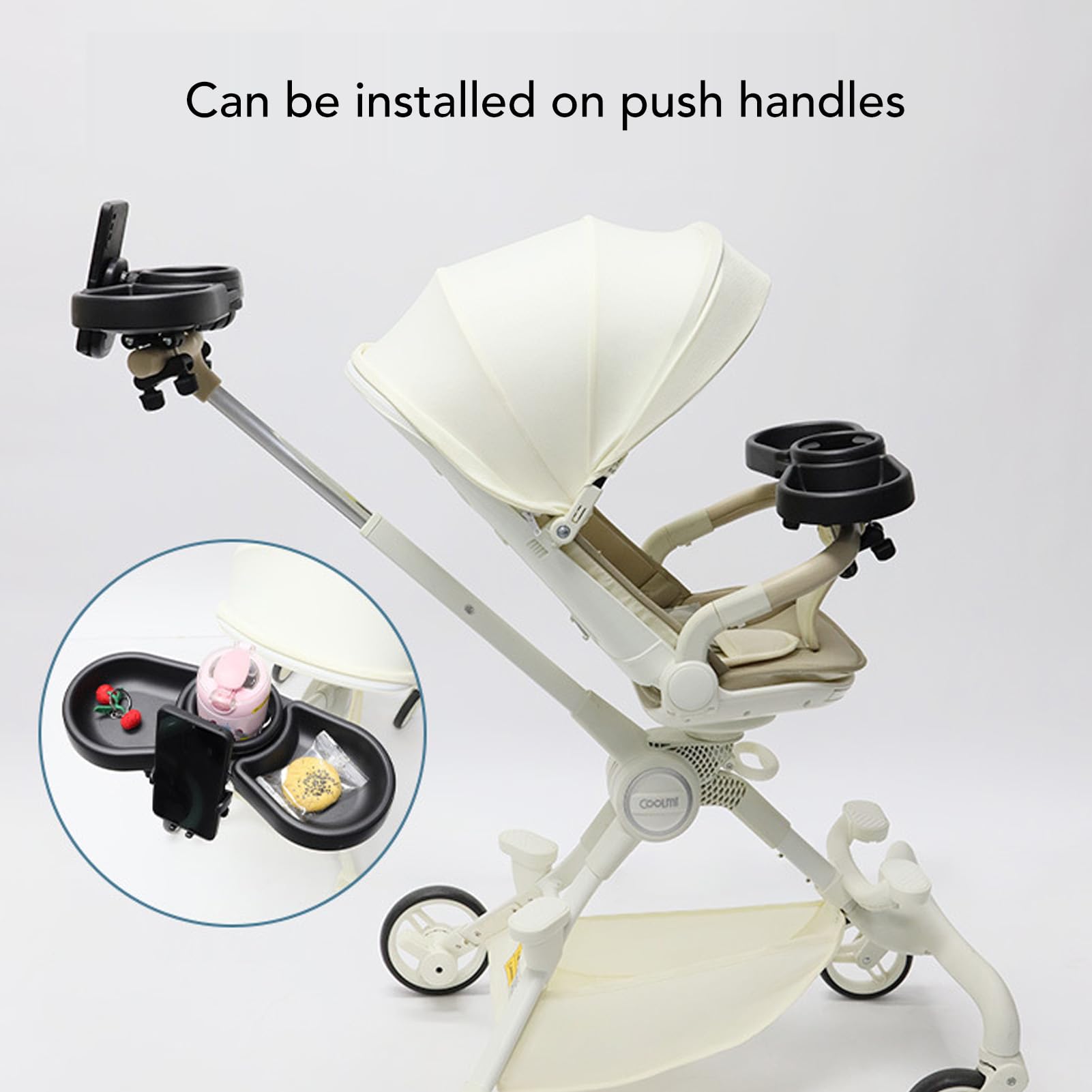 BTSEURY Adjustable Height Spill-Proof Stroller Cup Holder & Snack Tray - Dual Slot Portable Stroller Accessory for Baby Bottles, Snacks & Drinks - Perfect for Indoor, Outdoor, Park, Shopping & Travel Use