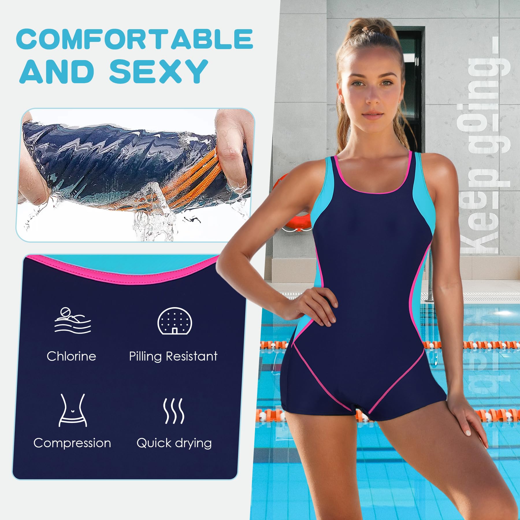 Zando Women's One Piece Swimsuit - Tummy Control Boyleg Bathing Suit with Sporty Boyshorts for Swimming, Beach & Water Sports