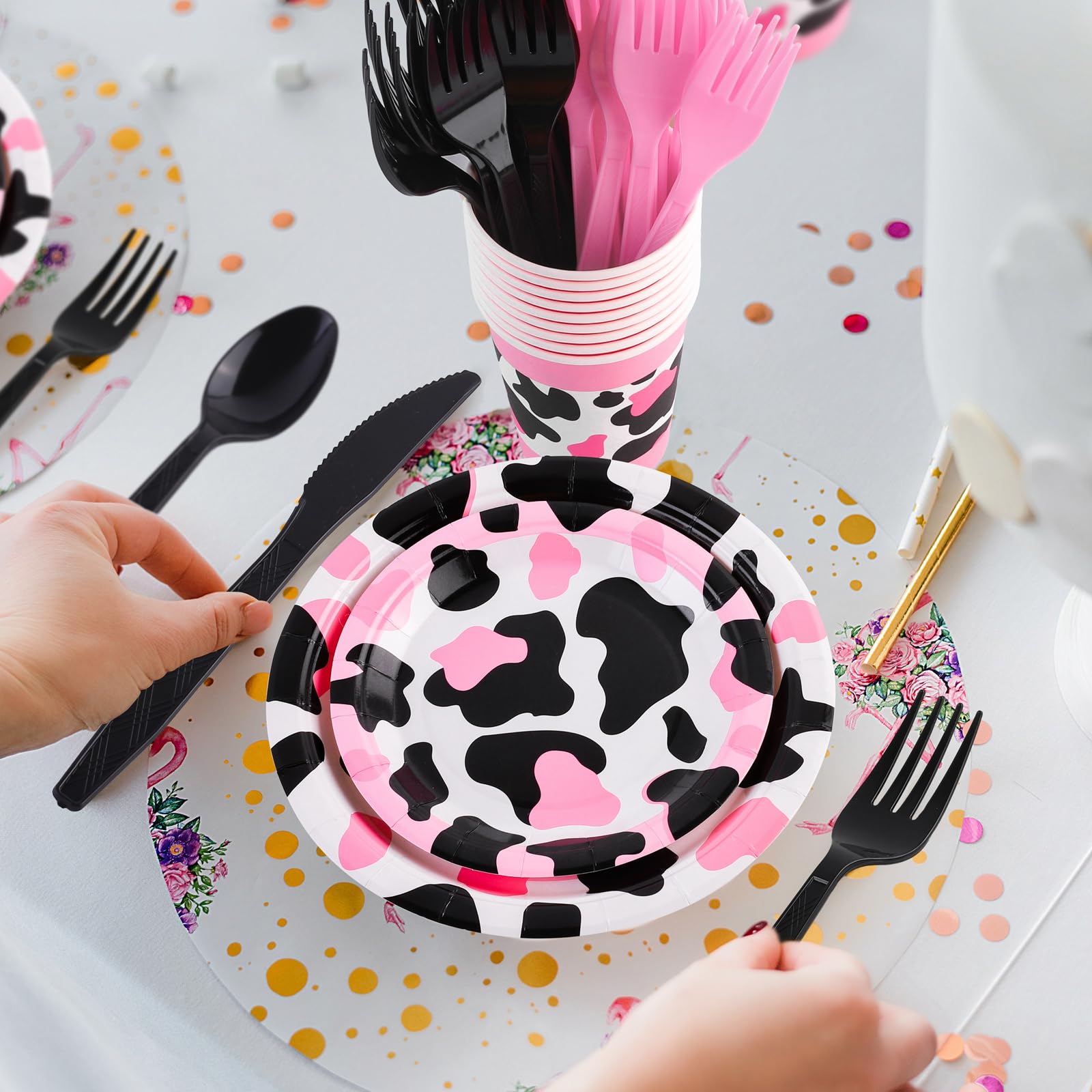 210-Piece Pink Cow Print Tableware Set - Plates, Cups, Napkins, Forks, Spoons & Knives for Cowgirl Party, Baby Shower, Farm Birthday - Serve 30 Guests - Perfect for Western Themed Events, Kids Birthday Parties & Farmhouse Decorations