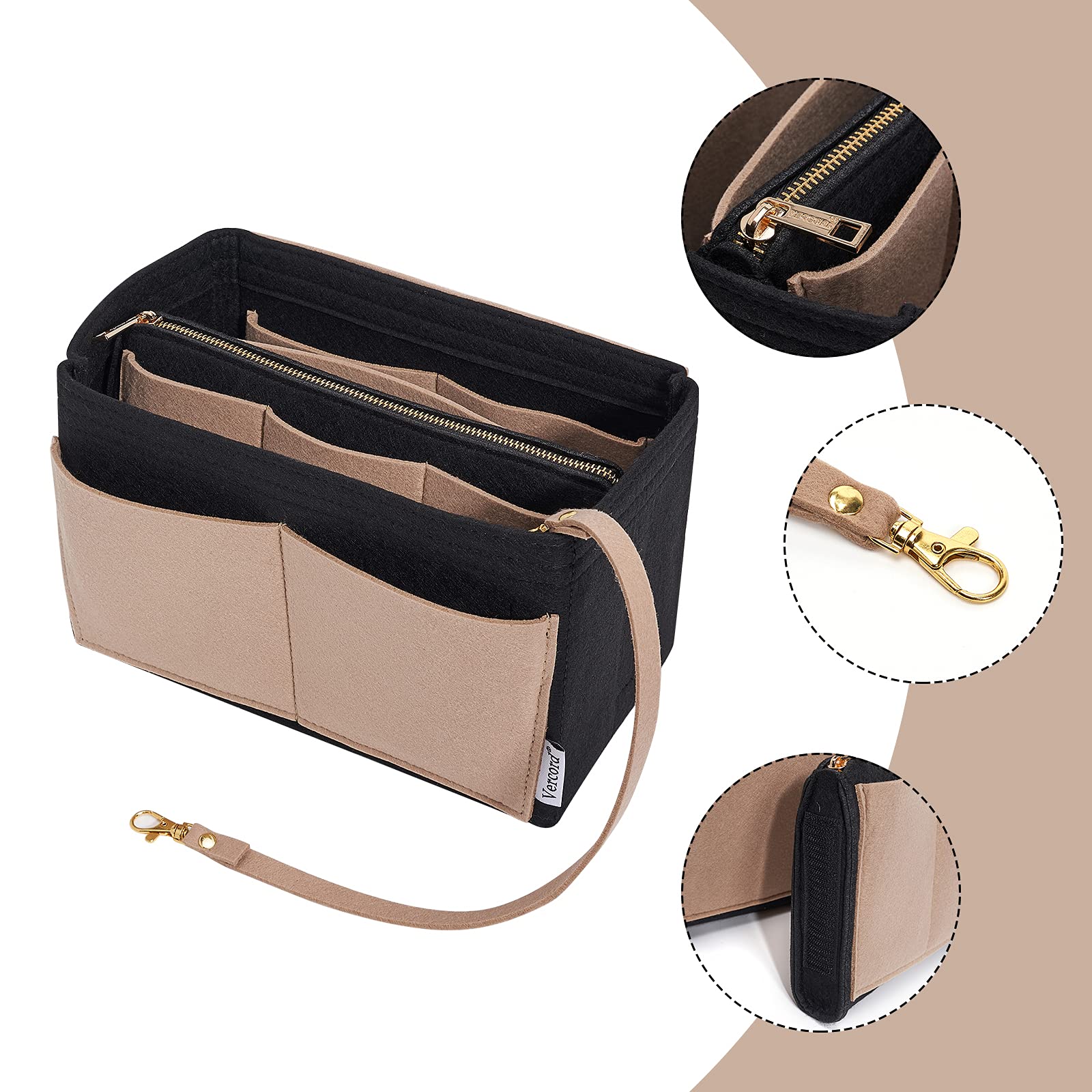 Vercord Felt Purse Organizer Insert for Handbags & Tote Bags - Neo Black & Beige X-Large - Perfect for Organizing Makeup, Wallet, and Essentials in Your Bag
