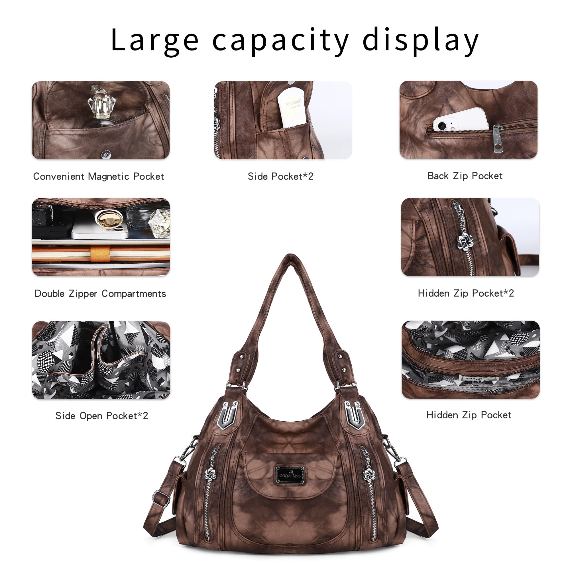 Angel Kiss Women's Large Shoulder Bag - Faux Leather Hobo Tote Purse with Multiple Pockets, Stylish Satchel for Work, Travel & Everyday Use