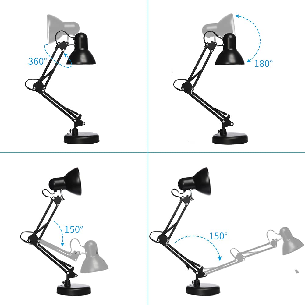 LED Desk Lamp with Clamp - Adjustable Swing Arm Task Light with 6500K Cool White Bulb - Foldable Office Lamp for Studying, Reading, Computer Work & Eye Protection (Black) - Perfect for Home Office, Dorm Room & Workspace Lighting