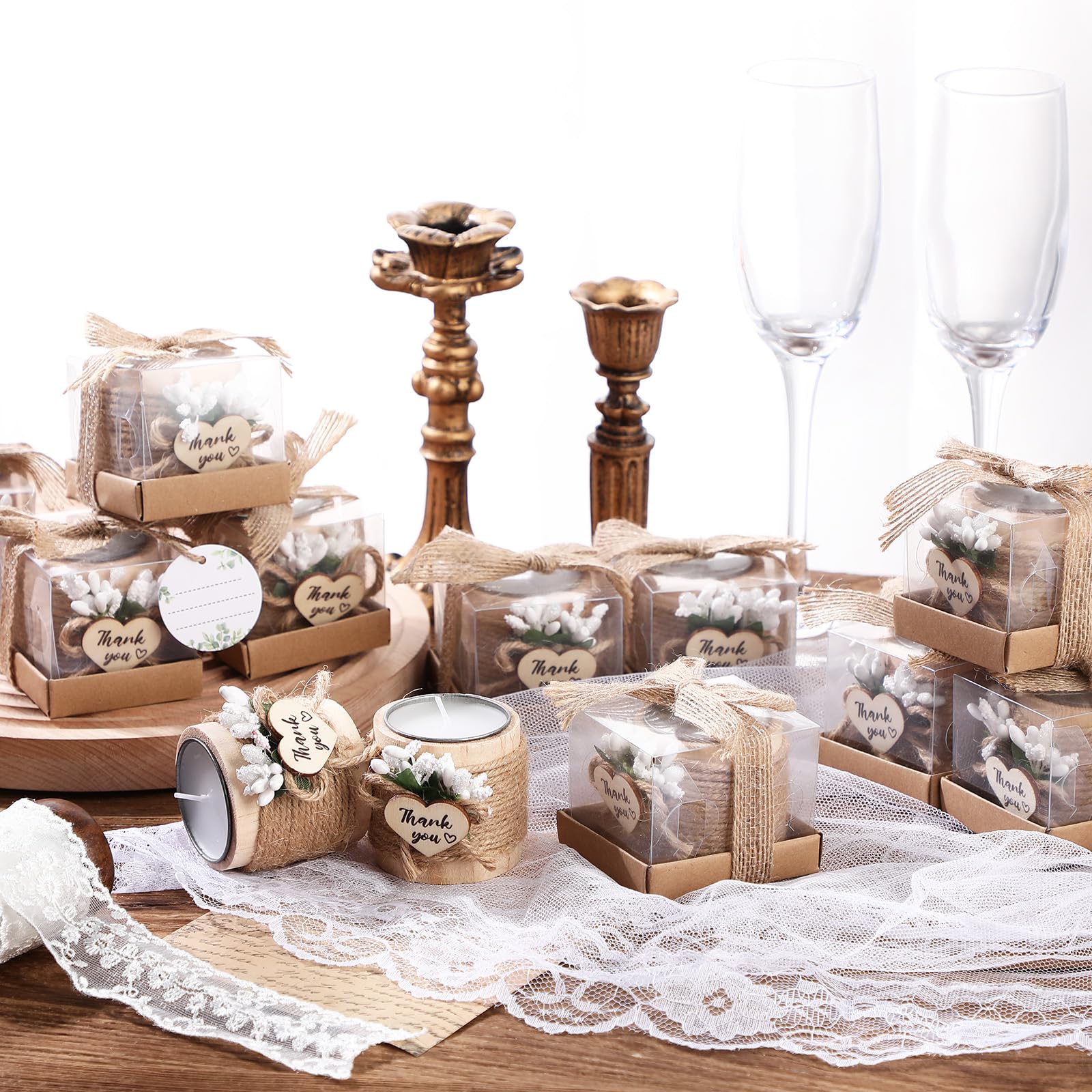 Retisee Handmade Wooden Tealight Candle Holders - 32-Pack Wedding Favors for Guests, Bridal Showers, Baby Showers & Housewarming Parties - Elegant Table Centerpieces & Memorial Candles - Perfect for Romantic Decor, Thank You Gifts & Special Occasions