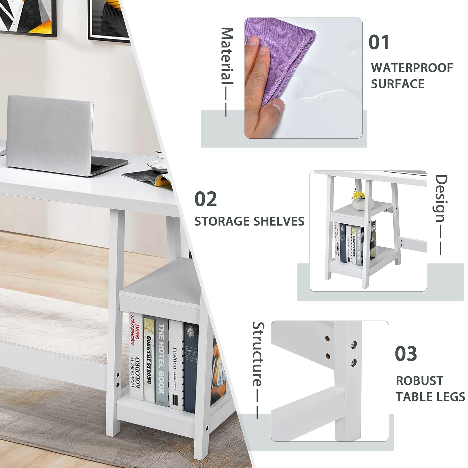 Tangkula White Modern Trestle Desk with Storage Shelves - Home Office Writing Desk, Space Saving Study Desk for Small Bedroom - Perfect for Remote Work & Online Learning