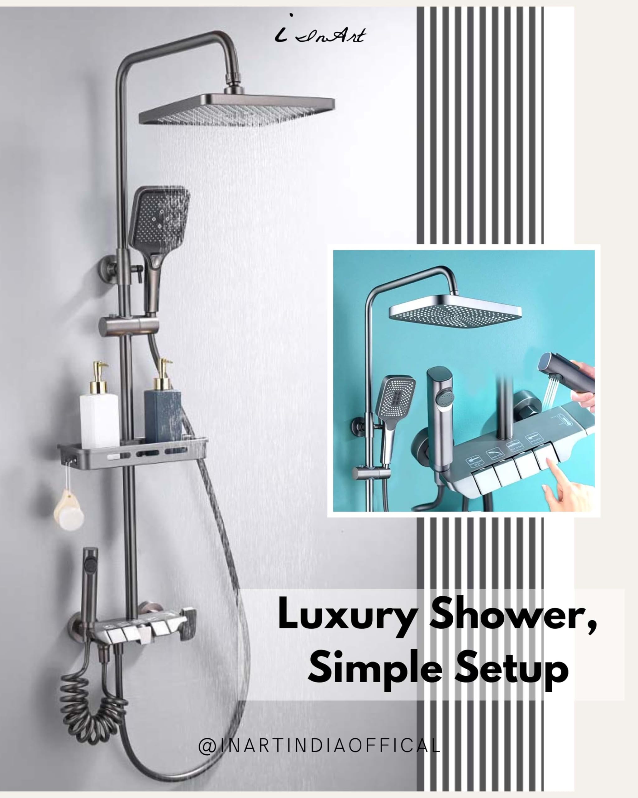 InArt Wall Mixer Shower Panel - SS304 Stainless Steel Thermostatic Shower System with Rainfall & Waterfall Modes, Gun Grey Finish, Easy Installation (Complete Set) - Perfect for Modern Bathrooms & Spa-Like Shower Experience