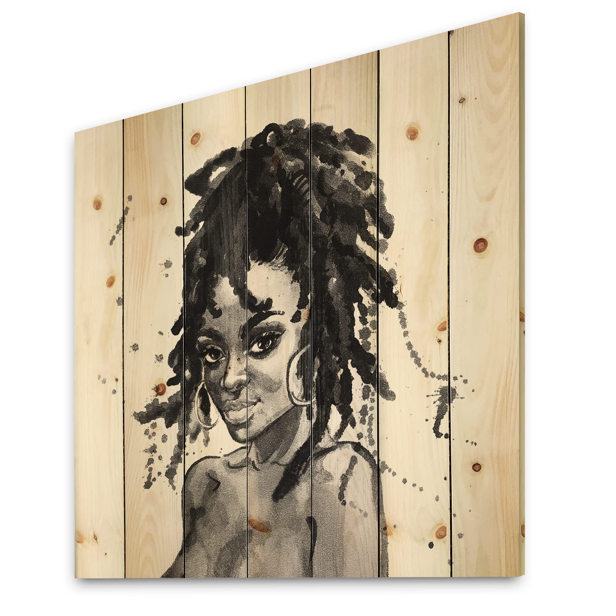 Modern African American Woman Portrait Wood Wall Art - Large Black & White Pine Decor for Living Room