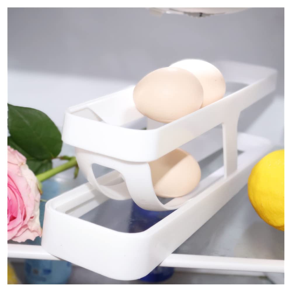 Automatic Rolling Egg Dispenser for Refrigerator - 2 Tier Space Saving Egg Holder & Storage Container - White Egg Tray Organizer for Kitchen Countertop or Cabinet - Perfect for Fresh Egg Storage & Easy Access
