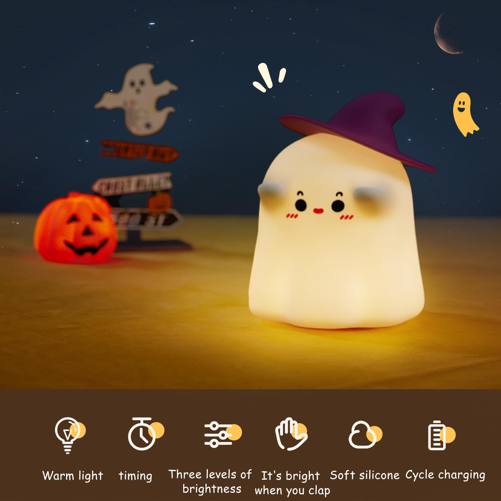 Rechargeable Ghost Night Light for Kids - 3-Level Dimmable Silicone Baby Nightlight, Magician Lamp Nursery Decor | Perfect as Christmas Gifts, Toddler Room Lighting & Holiday Cool Gadgets for Bedrooms, Baby Showers & Birthday Presents