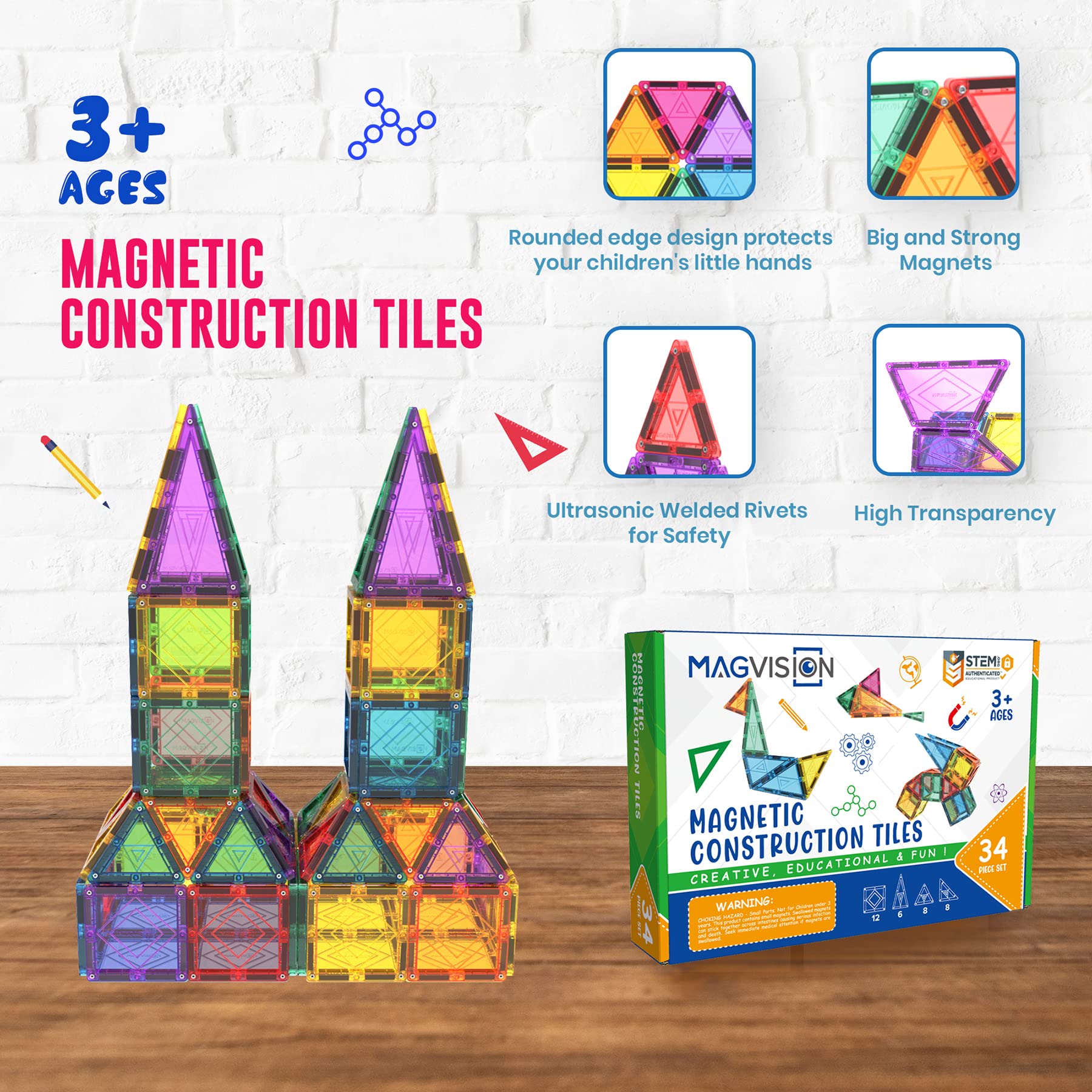 MagVision 34-Piece Magnetic Building Tiles Set - STEM Educational Toys with Extra Strong & Safe Magnets for Kids Ages 3+ | Creative Construction, Early Learning & Sensory Play for Toddlers & Preschoolers