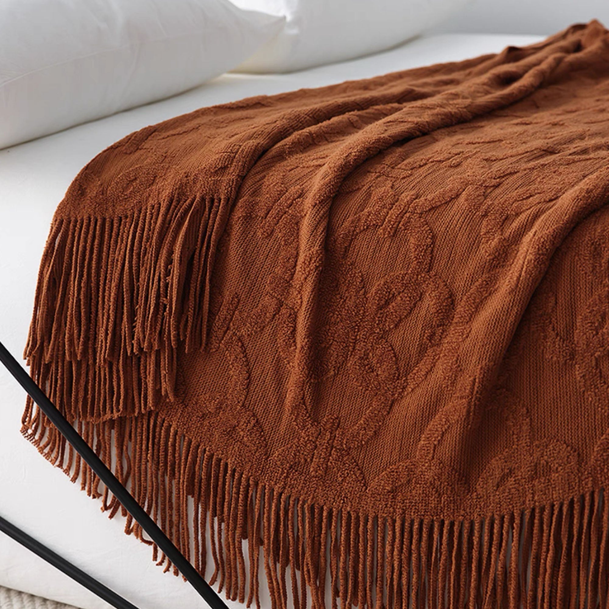 Soft Elegant Textured Fringe Throw Blanket - Cozy Knit Blanket for Couch, Bed & Sofa - Perfect for Living Room, Bedroom Decor & Winter Warmth