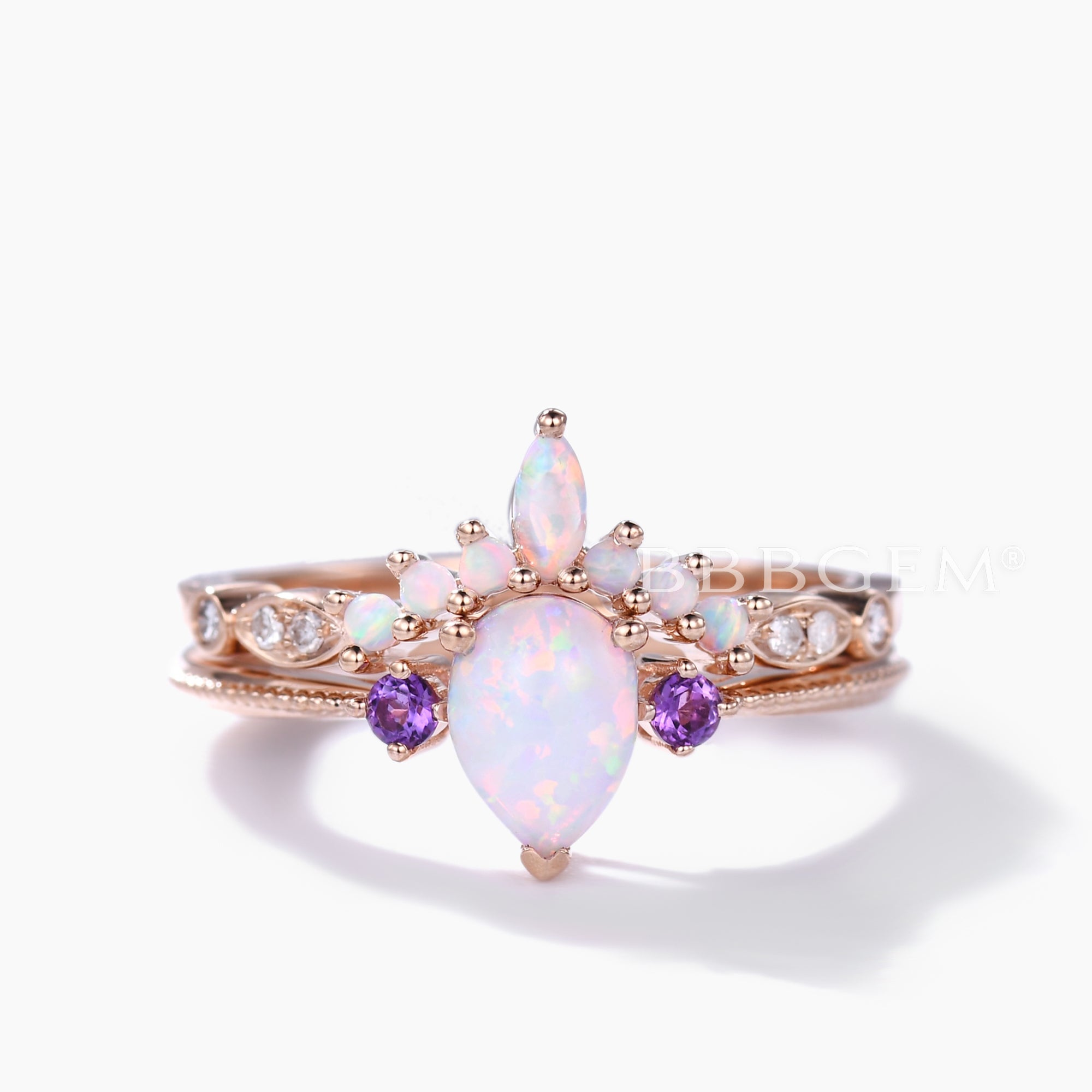 Exquisite Pear Opal Engagement Ring Set in Rose Gold with Amethyst Accents - Perfect for Wedding, Proposal & Anniversary Gifts