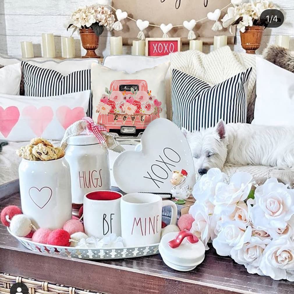 PANDICORN Valentine's Day Pillow Covers Set of 4 - 18x18 Inch Pink & Peach Heart Truck Floral Throw Pillow Cases for Couch, Bedroom Decor - Romantic Home Decor for Valentine's Gifts, Anniversary & Couples