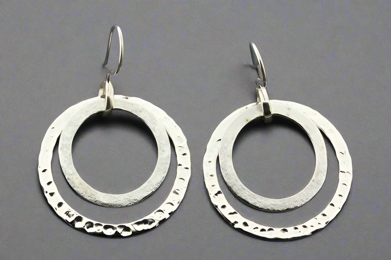 2 Loop Textured Silver Earrings for Women - Boho Chic Dangle Hoop Earrings for Everyday Wear & Party Outfits