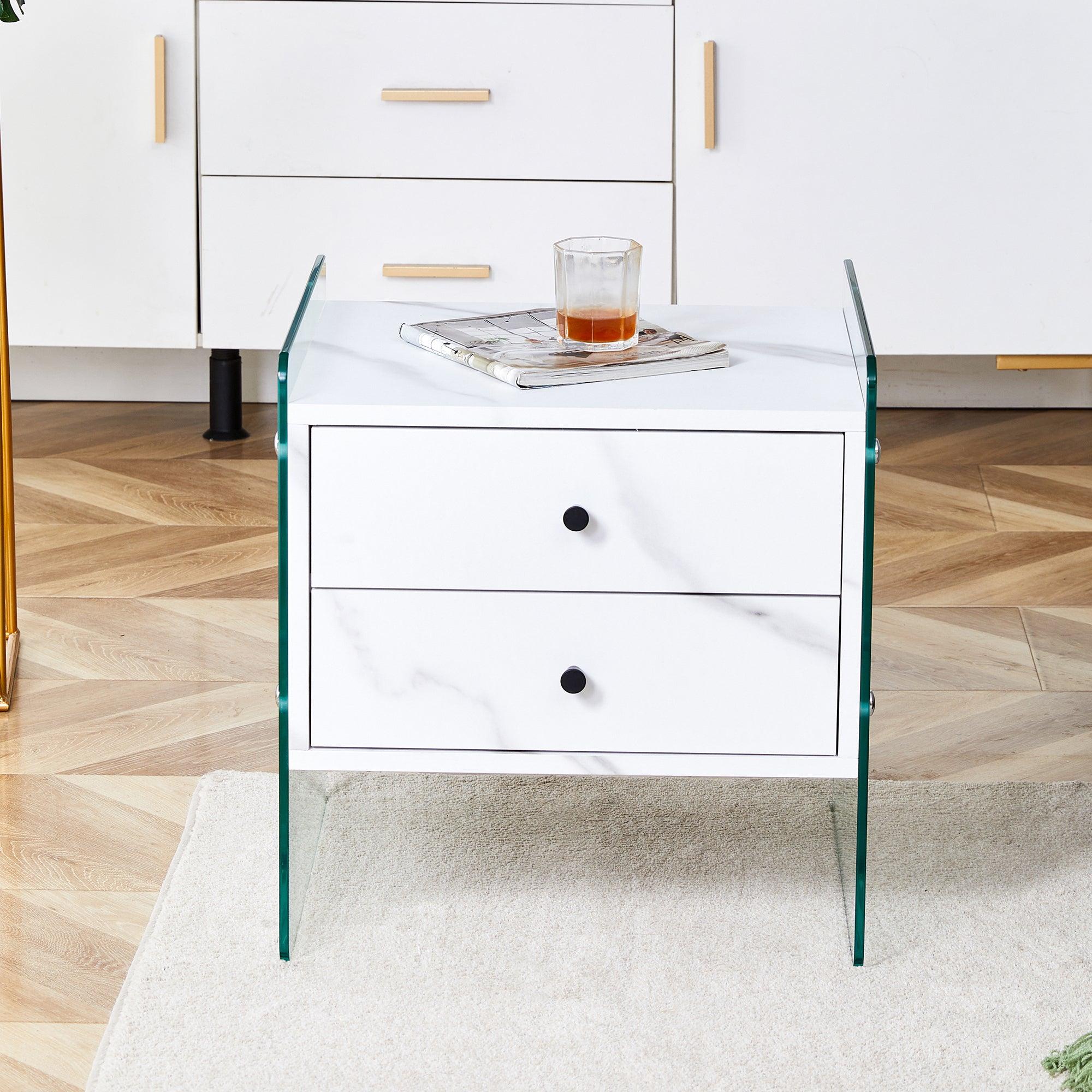 Modern Double Drawer Bedside Table with MDF Sticker Surface & Tempered Glass Sides - Simple Elegant Design, Excellent Storage for Bedroom, Living Room, or Office Use
