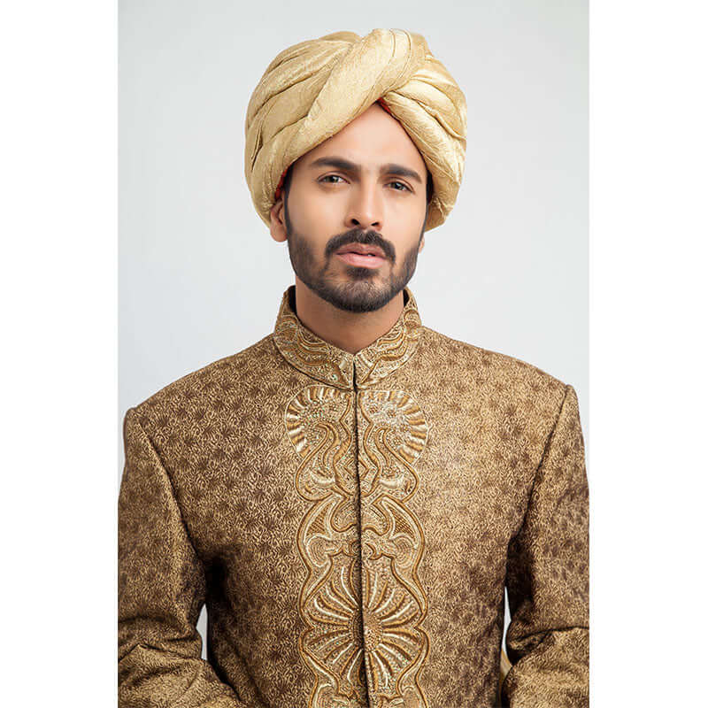Antique Gold Brocade Silk Sherwani for Men | Elegant Indian Wedding Attire | Perfect for Grooms, Festivals & Special Occasions