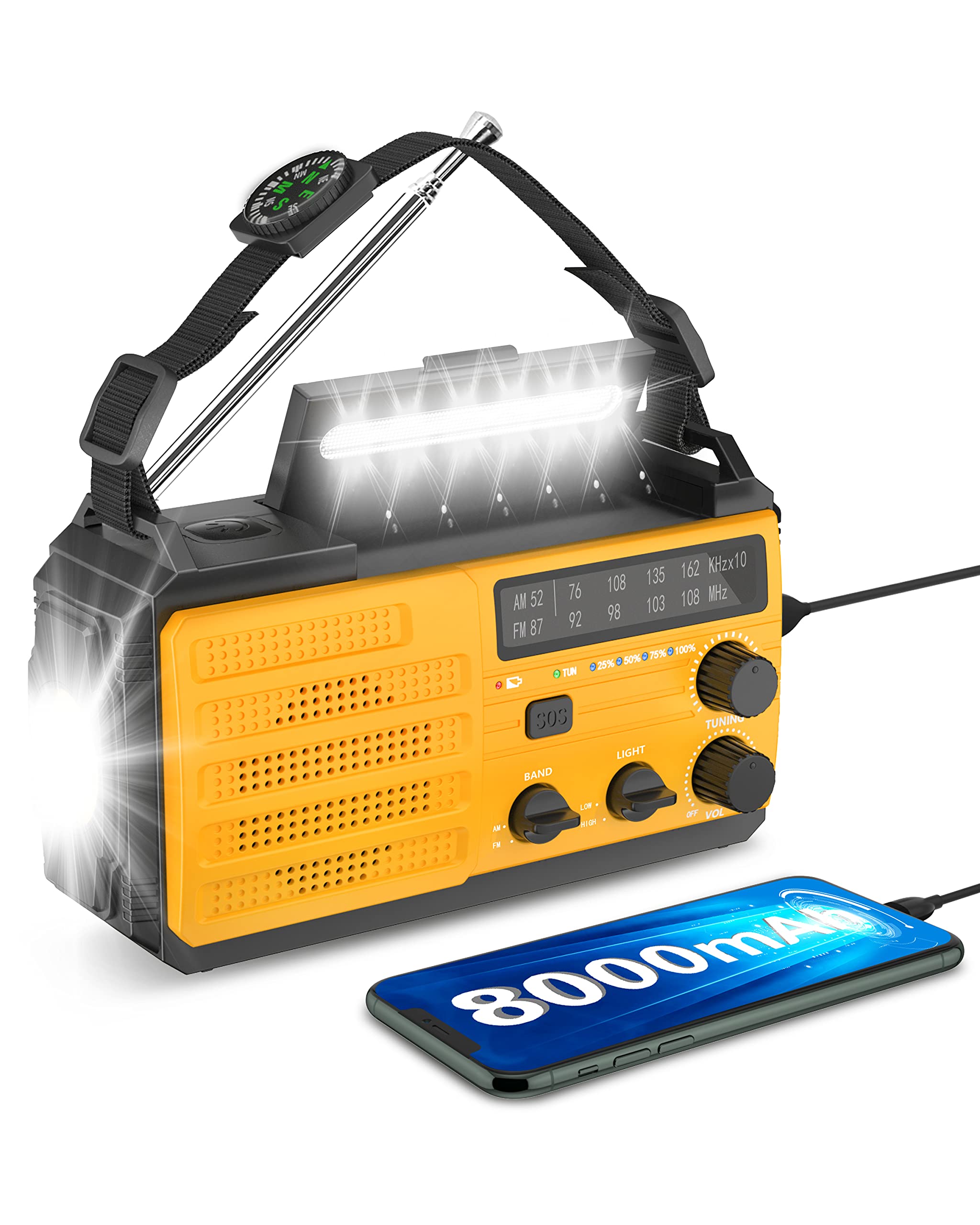 Solar Hand Crank Emergency Radio - 8000mAh AM/FM Weather Radio with USB Phone Charger, LED Flashlight, SOS Alarm & Compass | Portable Survival Gear for Camping, Hiking & Power Outages