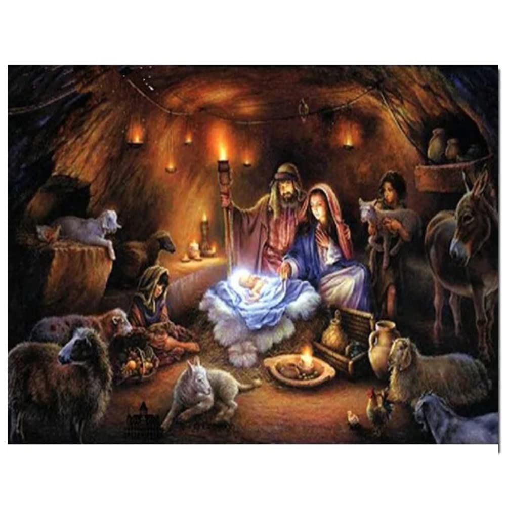 Diamond Painting Kit - Jesus Birth Religious Scene with Full Round Drill Rhinestones | DIY Cross Stitch Mosaic Art for Home Wall Decor (12x16 Inch) | Perfect Gift for Christmas, Family Crafting & Spiritual Home Decoration