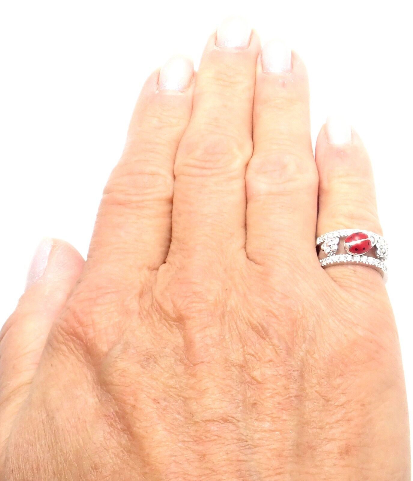 Authentic Aaron Basha 18k White Gold Diamond Red Enamel Ladybug Band Ring - Perfect for Valentine's Day Gifts, Anniversary Presents & Everyday Luxury Jewelry