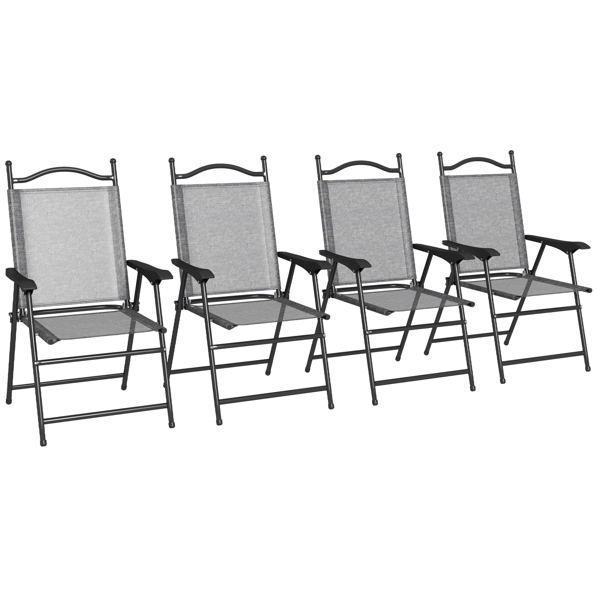 Outsunny 4-Pack Folding Patio Chairs with Armrests - Breathable Mesh Camping Chairs for Adults, Outdoor Lawn, Beach, Picnic & Sports Events - Gray Portable Lounge Chairs