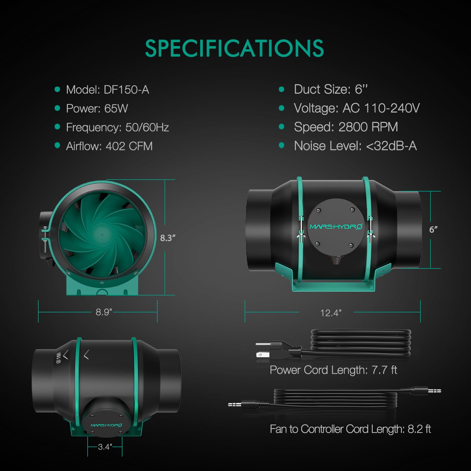 Mars Hydro iFresh 6 Inch Smart Inline Duct Fan with Variable Speed Controller - 402 CFM, WiFi App Control, Temp & Humidity Sensor - Ventilation Exhaust Fan for Grow Tents, Hydroponics, Greenhouses, Indoor Gardens (Perfect for Climate Control & Air Circulation)