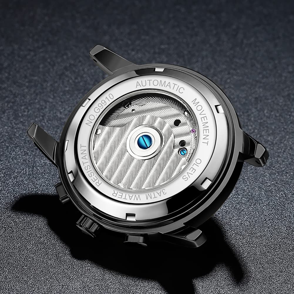 OLEVS Men's Automatic Skeleton Watch - Self-Winding Mechanical Watch with Luminous Hands, Waterproof, Diamond Accents, Week & Month Display - Perfect for Business, Dress & Casual Wear