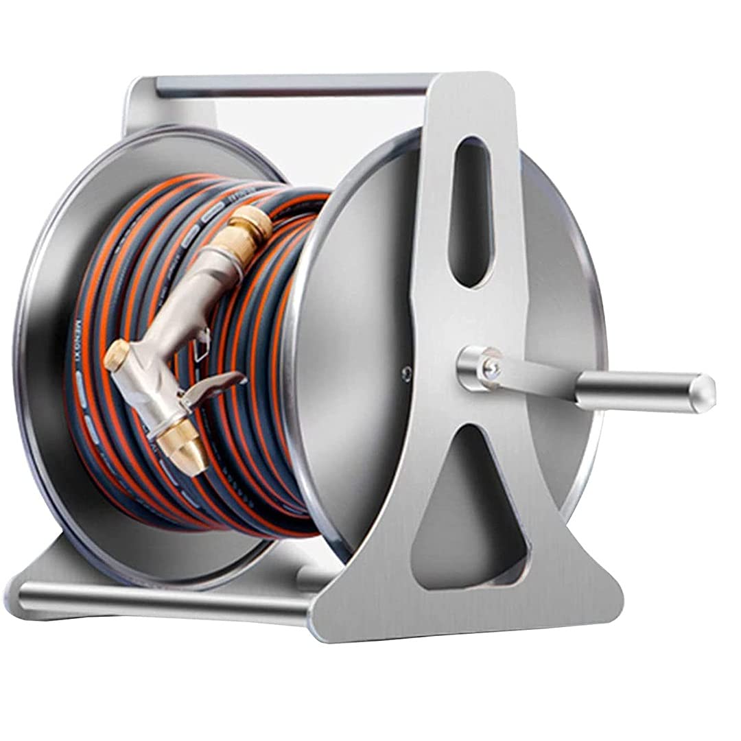 Stainless Steel Wall Mount Garden Hose Reel with Hand-Crank Retractable Mechanism - 50M Heavy Duty Metal Water Hose Holder with Sprinkler & Pipe Accessories - Perfect for Lawn Care, Garden Watering & Outdoor Cleaning