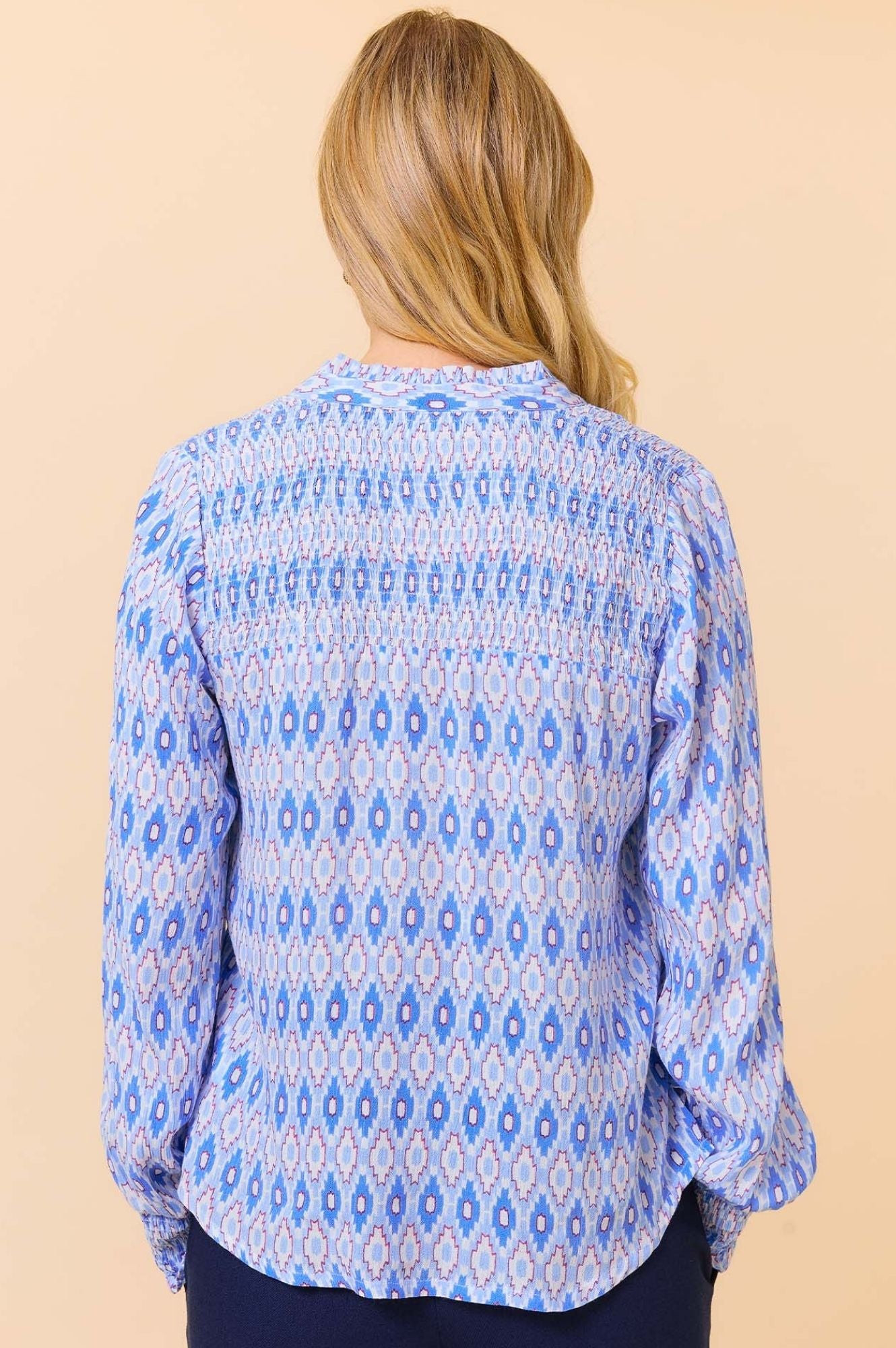 Kaia Blouse Women's Aztec Print Light Blue and Red Floral Boho Top - Perfect for Casual Wear, Festivals, and Vacation Outfits