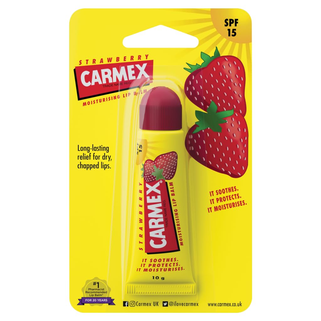 Carmex Strawberry Lip Balm 0.35 oz - Moisturizing & Soothing Lip Care for Dry, Chapped Lips - Perfect for Winter, Travel & Daily Use