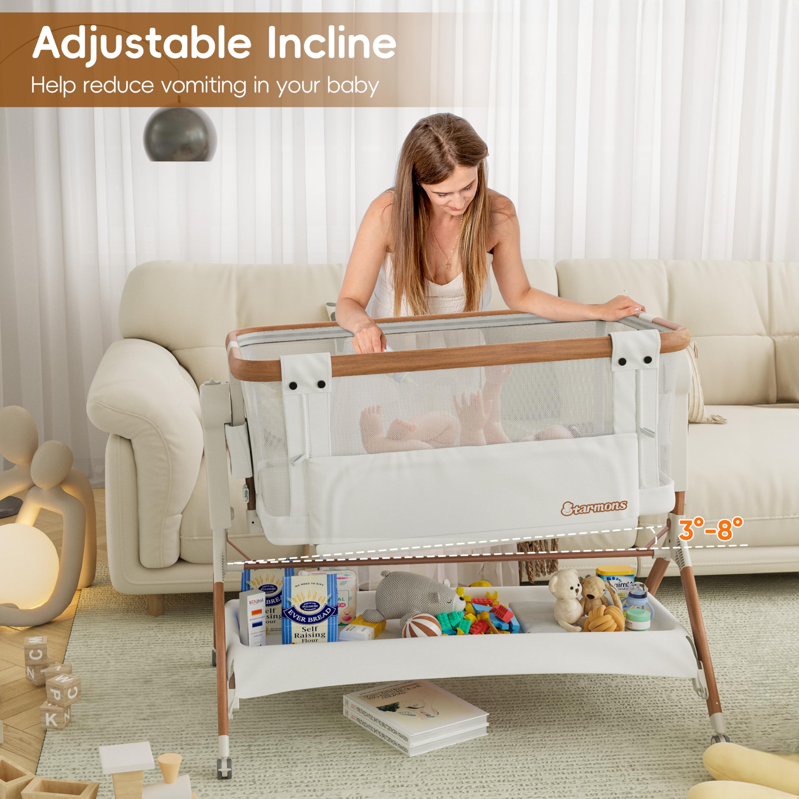 **3-in-1 Adjustable Baby Bassinet with Breathable Mesh & Wheels – Portable Rocking Crib for Newborns, Bedside Sleeper with 6 Height Settings – Perfect for Nursery, Travel & Co-Sleeping**
