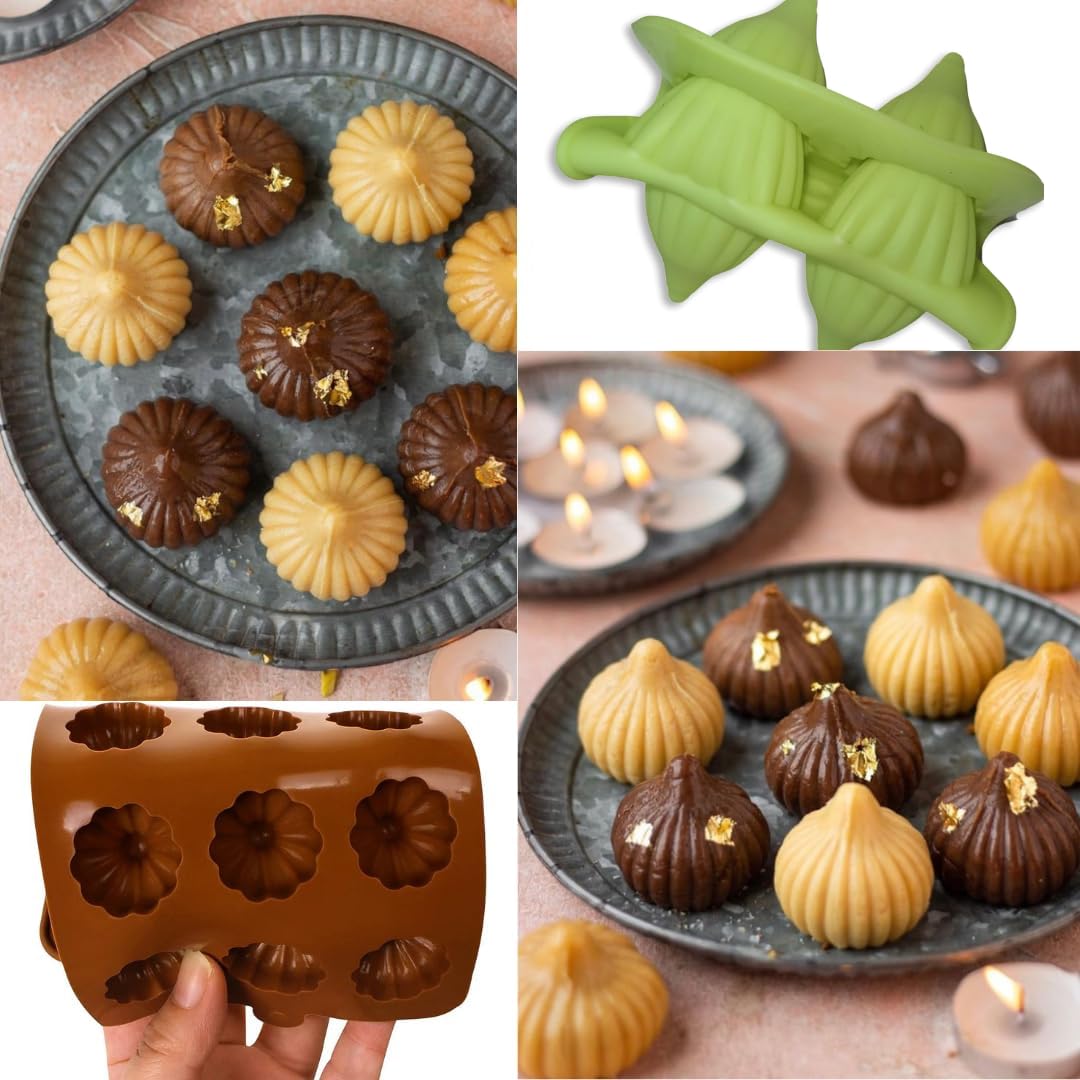 Skytail 6 & 15 Cavity Silicone Modak Molds for Ganesh Chaturthi Festival - Ganpati Bappa Decorations, Mithai, Chocolate, Candy, Sweets, Cakes, Desserts, Cupcakes & Dumplings - Perfect for Hindu Festivals, Home Baking & Party Treats