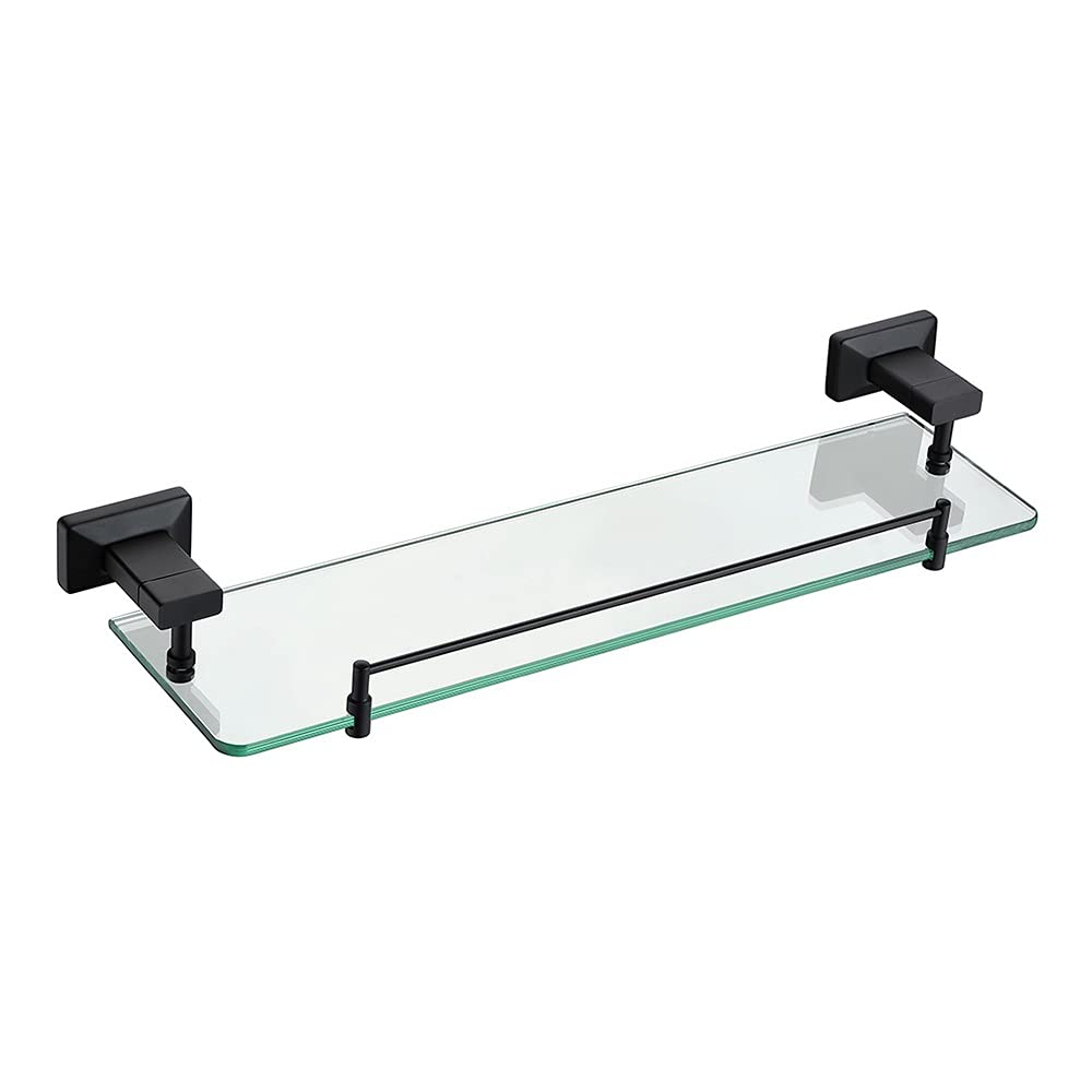 Premium Matte Black Bathroom Hardware Set - Wall Mounted Towel Shelf, Toilet Paper Holder & Soap Dispenser with Glass Shelf | Rust-Resistant Brass Towel Rack & Tumbler Holder | Ideal for Modern Bathrooms, Powder Rooms & Spa-Style Decor