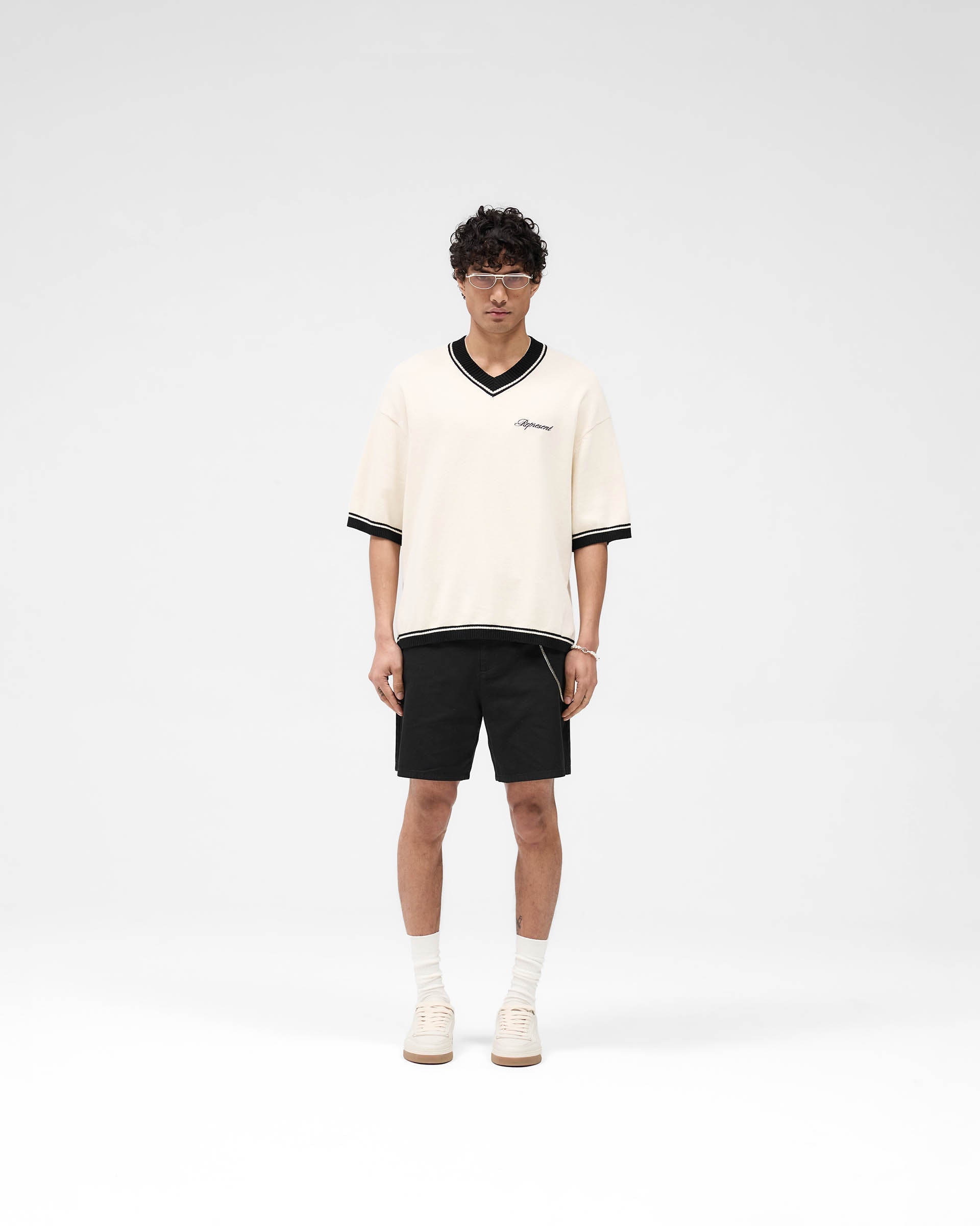 Script Embroidered Knit Sweater in Off White - Perfect for Casual Outfits and Cozy Winter Days