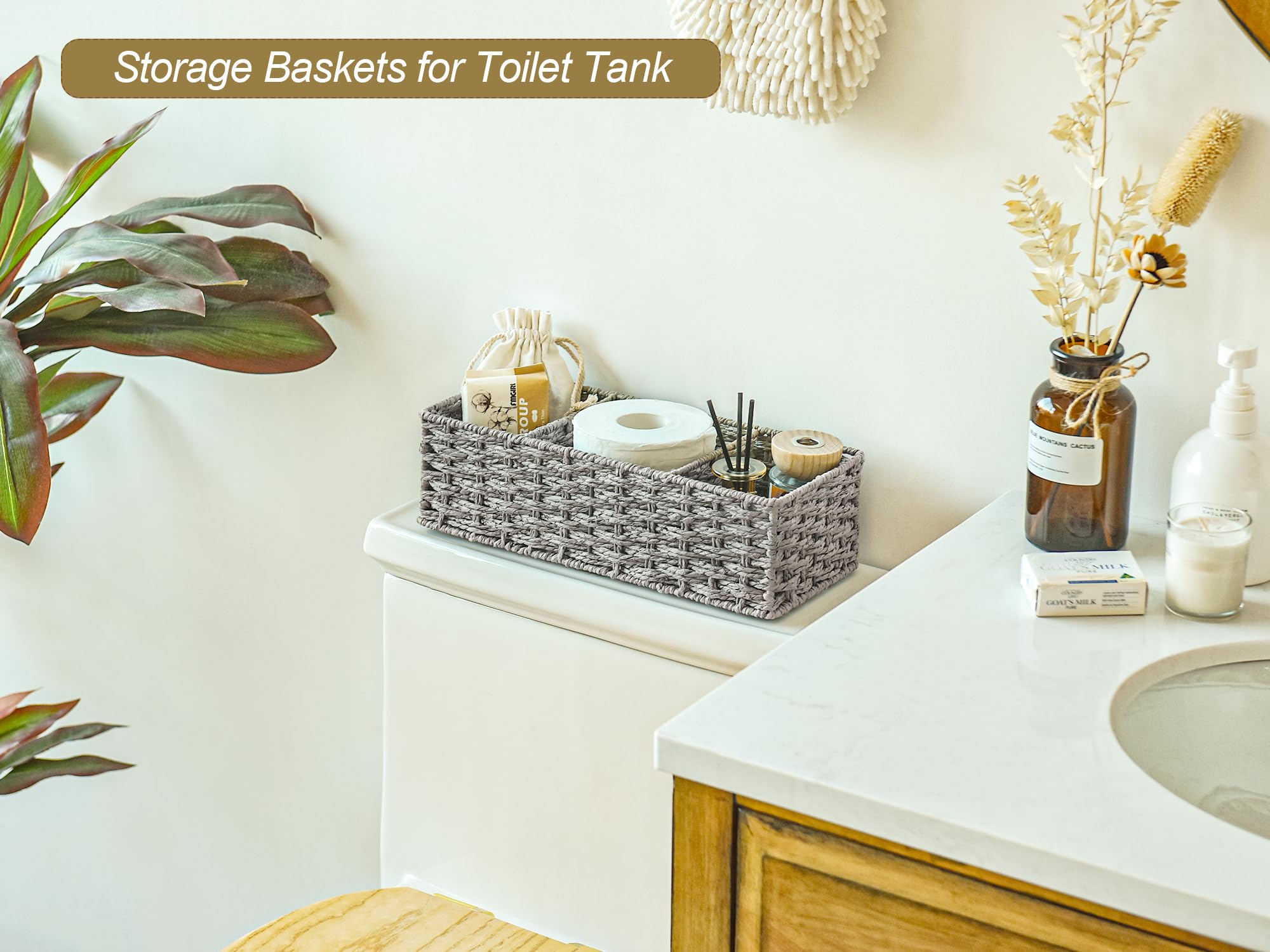 StorageWorks 3-Section Wicker Baskets for Shelves | Hand-Woven Round Paper Rope Storage Baskets (Gray, 2-Pack) | Perfect for Home Organization, Bathroom & Closet Storage