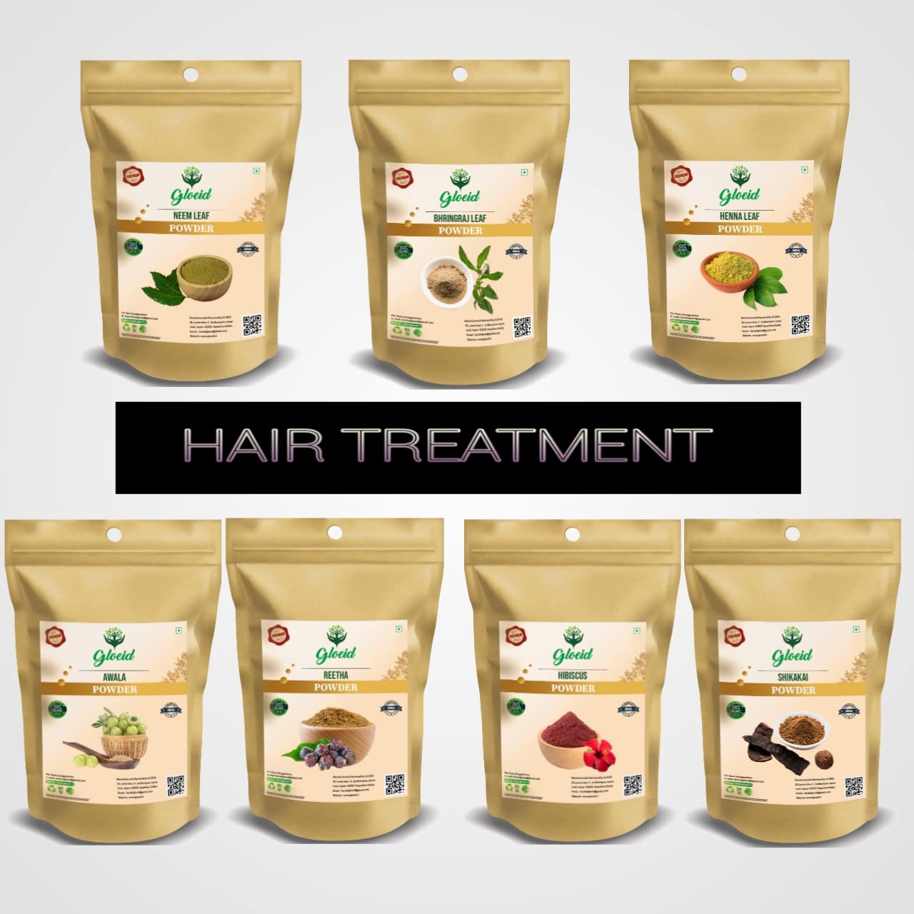 Organic Ayurvedic Hair Care Powders Set - Amla, Hibiscus, Neem, Shikakai, Henna, Bhringraj & Reetha (40g Each) for Hair Growth, Dandruff Treatment & Scalp Health - DIY Natural Hair Masks & Herbal Remedies