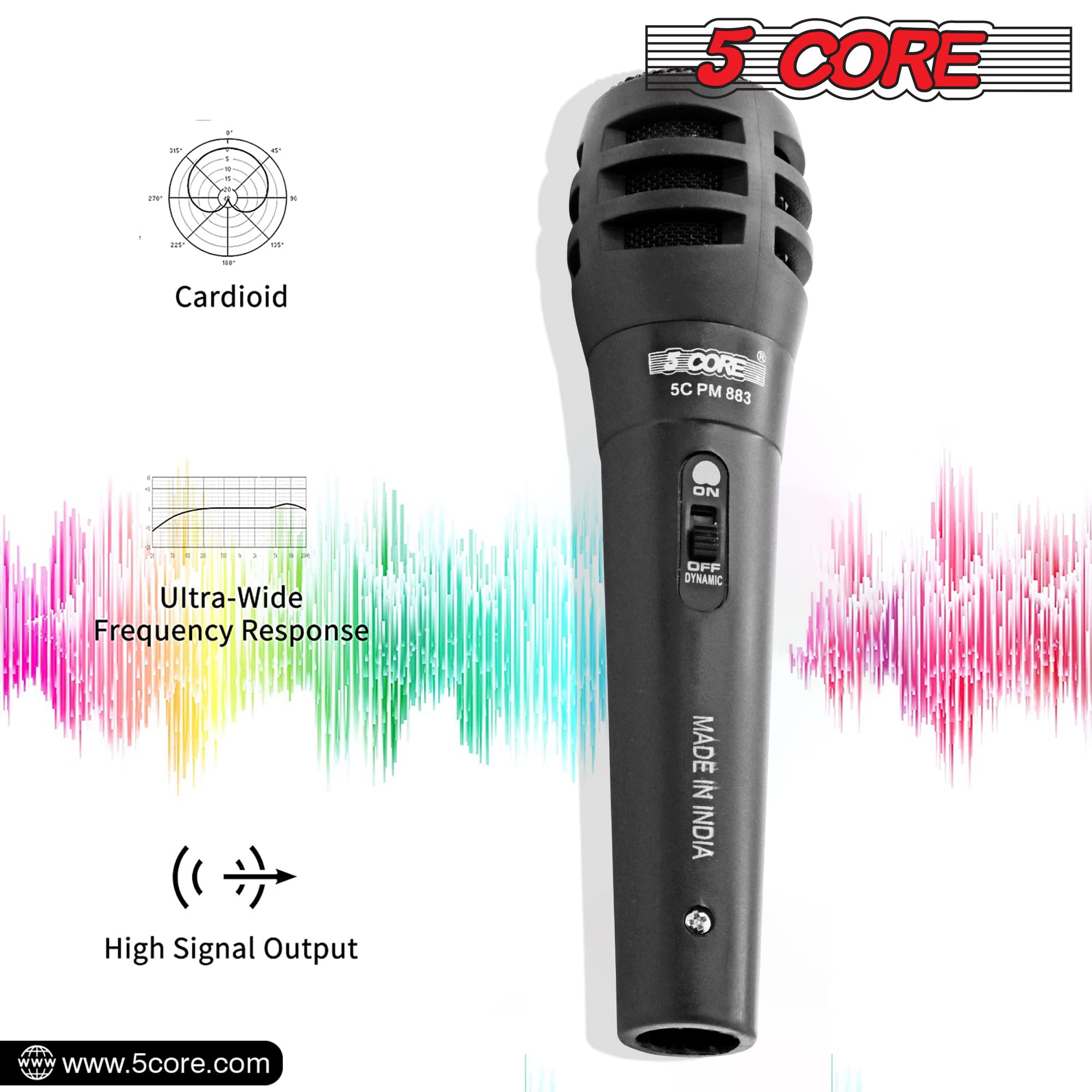 5 CORE Dynamic Vocal Microphone - Cardioid Unidirectional Handheld Mic with On/Off Switch & XLR Cable for Singing, Karaoke, Live Performances & Studio Recording (Model PM-883)