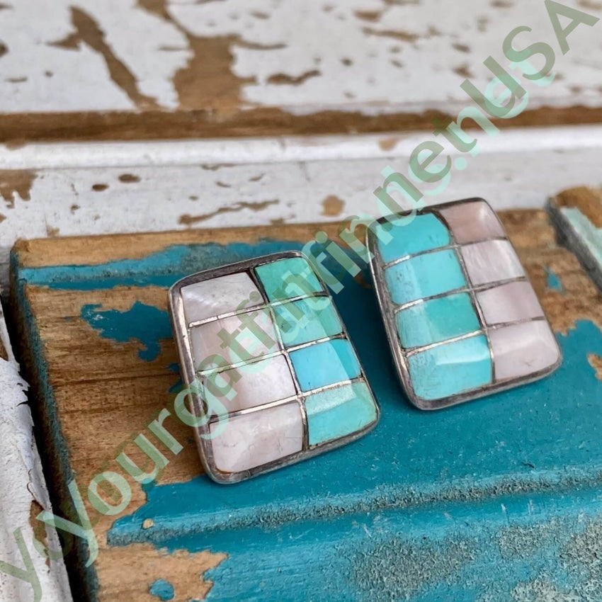 Authentic Sterling Silver Turquoise & Mother of Pearl Southwestern Style Earrings for Women | Handmade Native American Jewelry | Perfect for Boho Fashion, Festivals & Gift Giving