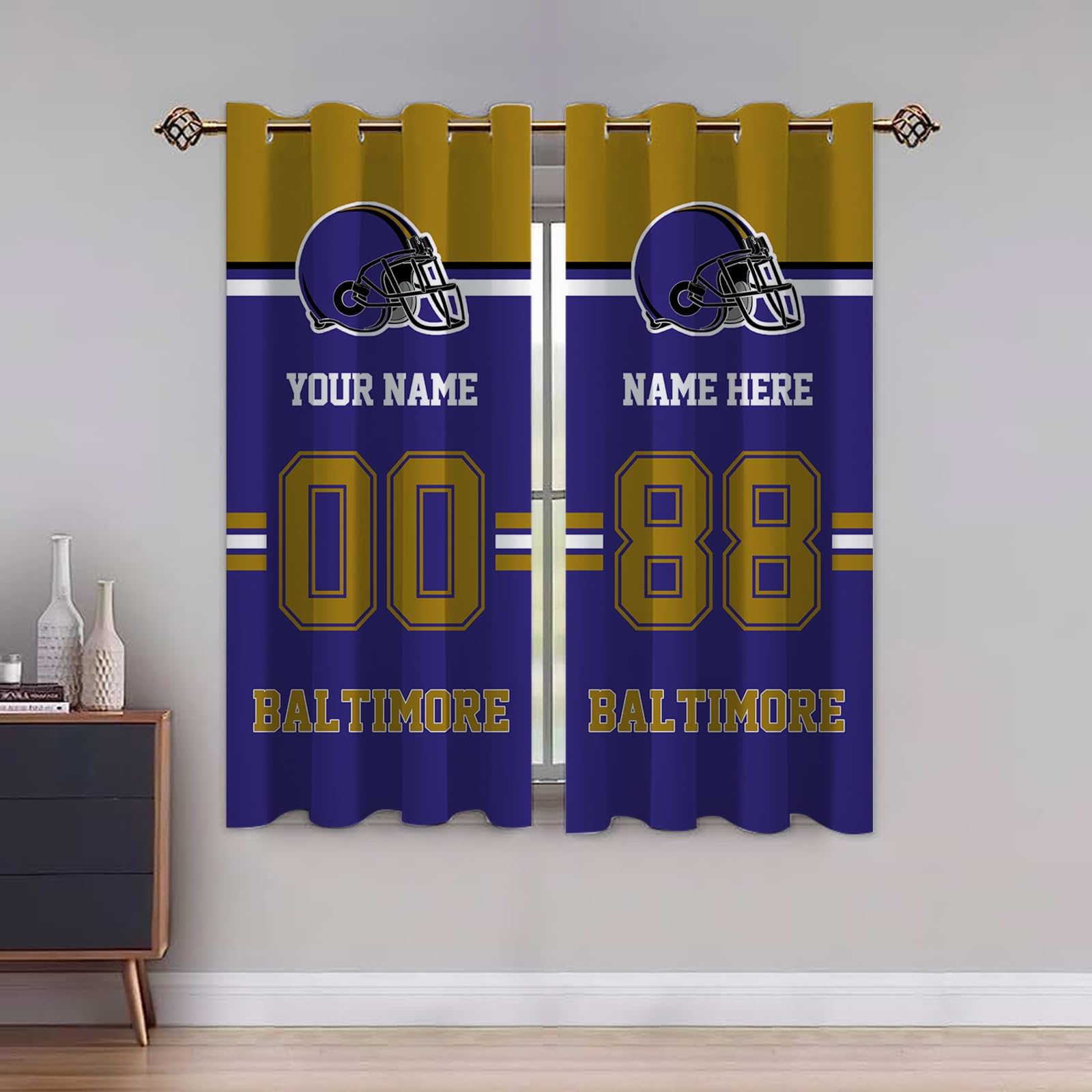 Custom Baltimore Blackout Curtain Panels with Name & Number - Personalized Football Style Bedroom Drapes for Men Fans (Set of 2 Panels) - Perfect for Game Rooms, Man Caves & Sports-Themed Bedrooms