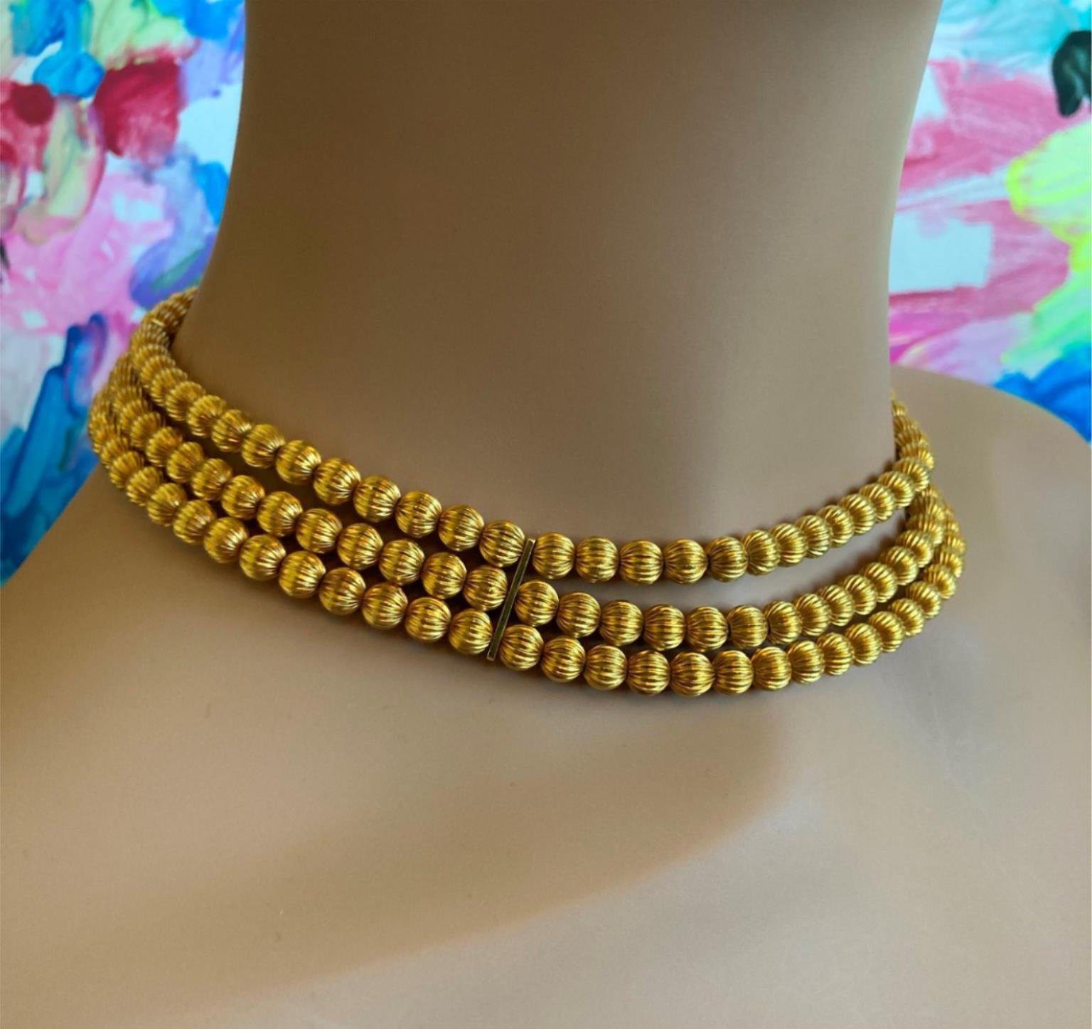Vintage Ilias Lalaounis 18k Yellow Gold Carved Bead Ball Necklace - Elegant Estate Jewelry for Women, Perfect for Weddings, Parties & Special Occasions