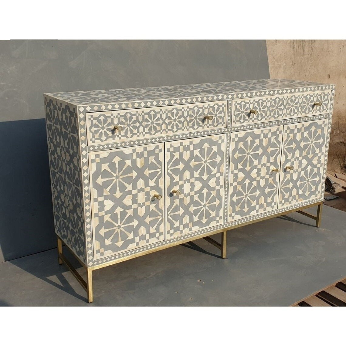 Handmade Bone Inlay Gray and White Sideboard Buffet Table - Vintage Boho Chic Storage Cabinet for Dining Room, Living Room & Entryway