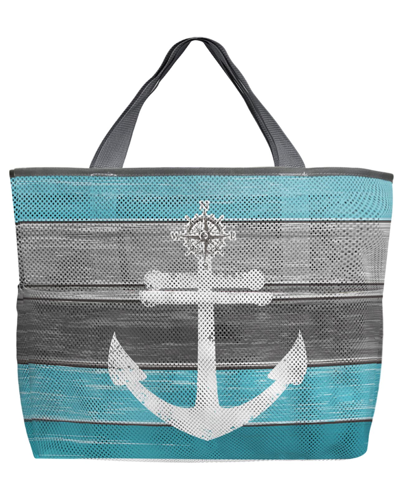 Large 60L Mesh Beach Tote Bag with Pockets - Vintage Nautical Anchor Design in Aqua Green Wood Grain - Quick Dry Foldable Swim Bag for Pool, Beach & Grocery Storage (24