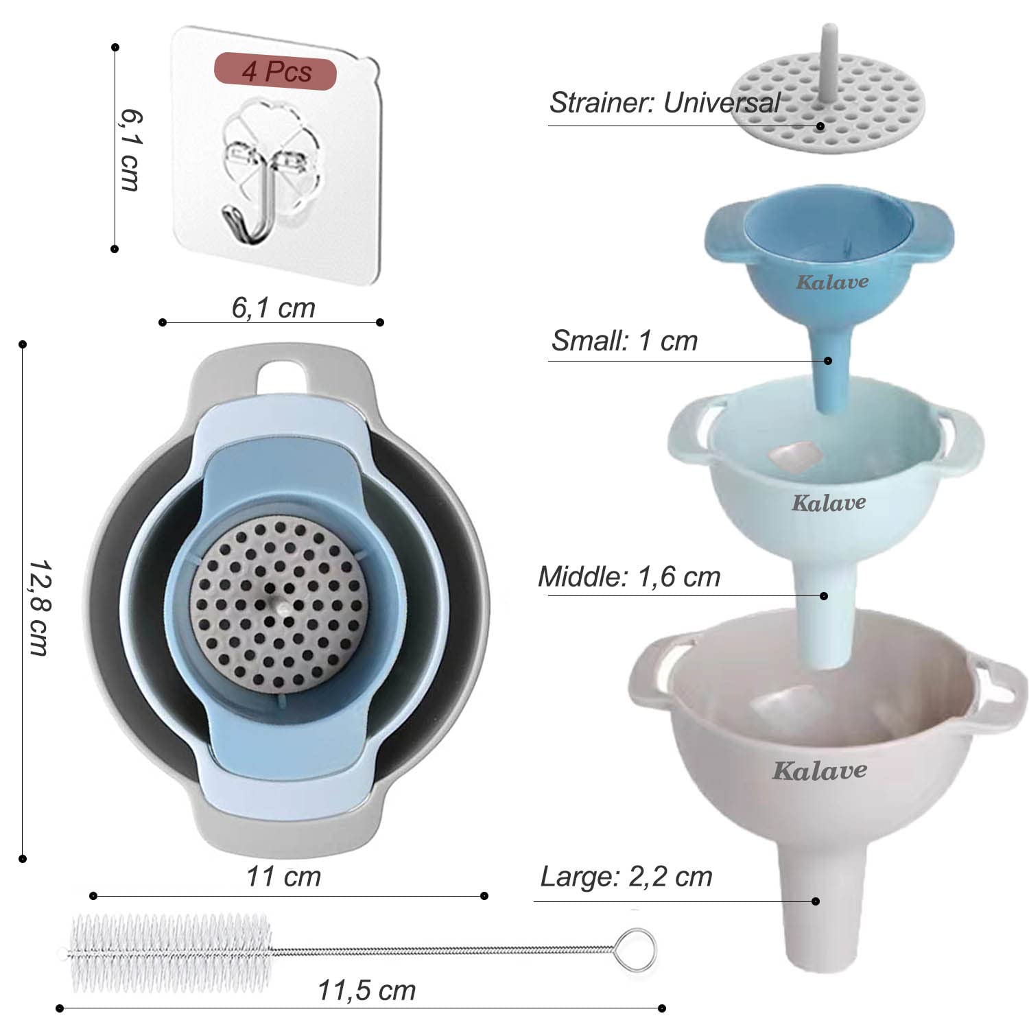 BPA-Free Food Grade Kitchen Funnel Set of 4 with Detachable Strainer Filter - Oil Funnel for Liquid, Dry Ingredients & Powder - Perfect for Bottle Filling, Cooking, Baking & DIY Projects